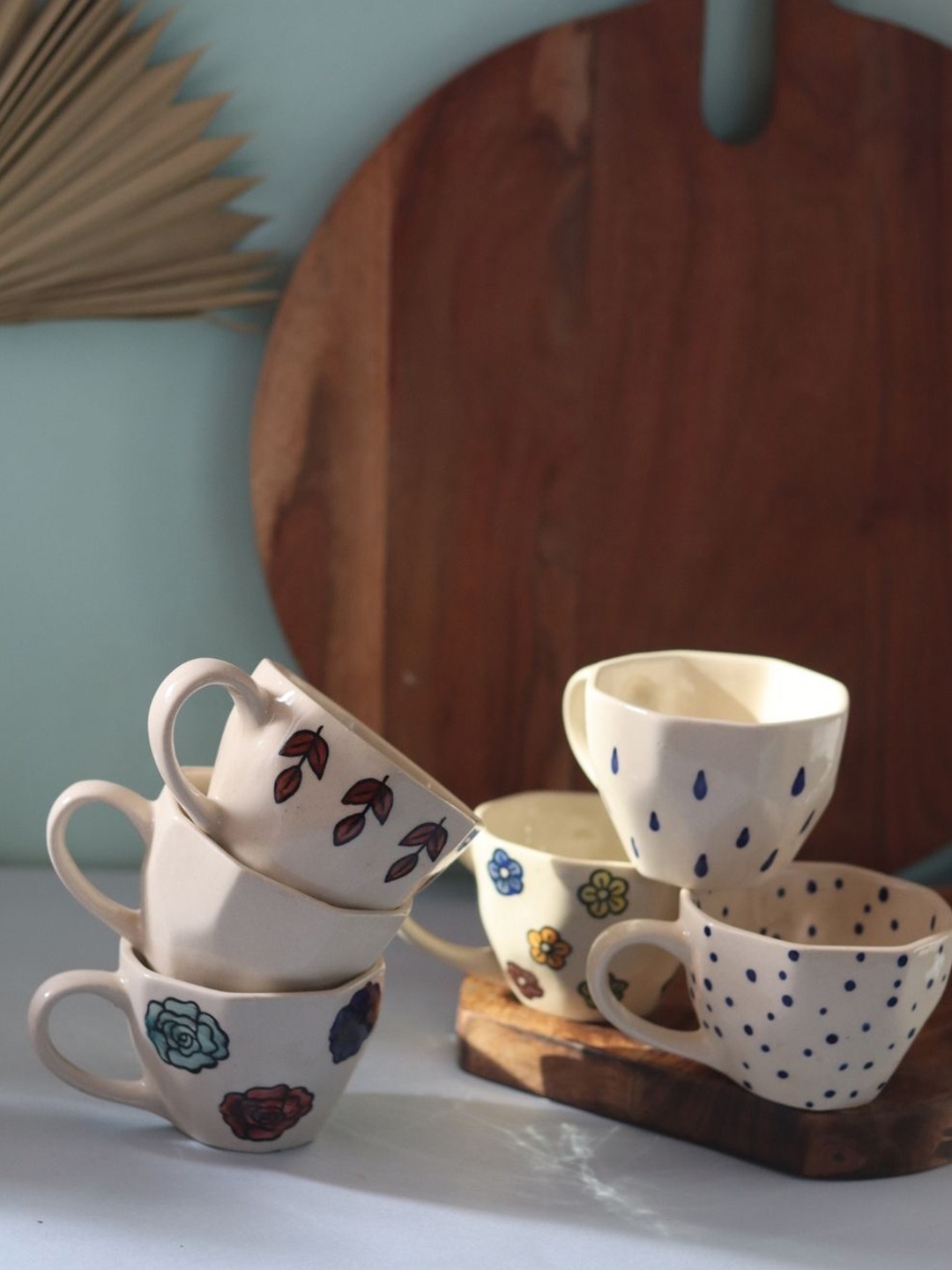 

WEAVING HOMES White & Black 6 Pieces Printed Ceramic Glossy Mugs 220ml