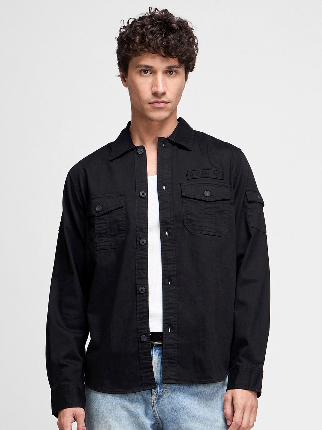 

Red Flame Men Spread Collar Solid Cotton Casual Shirt, Black