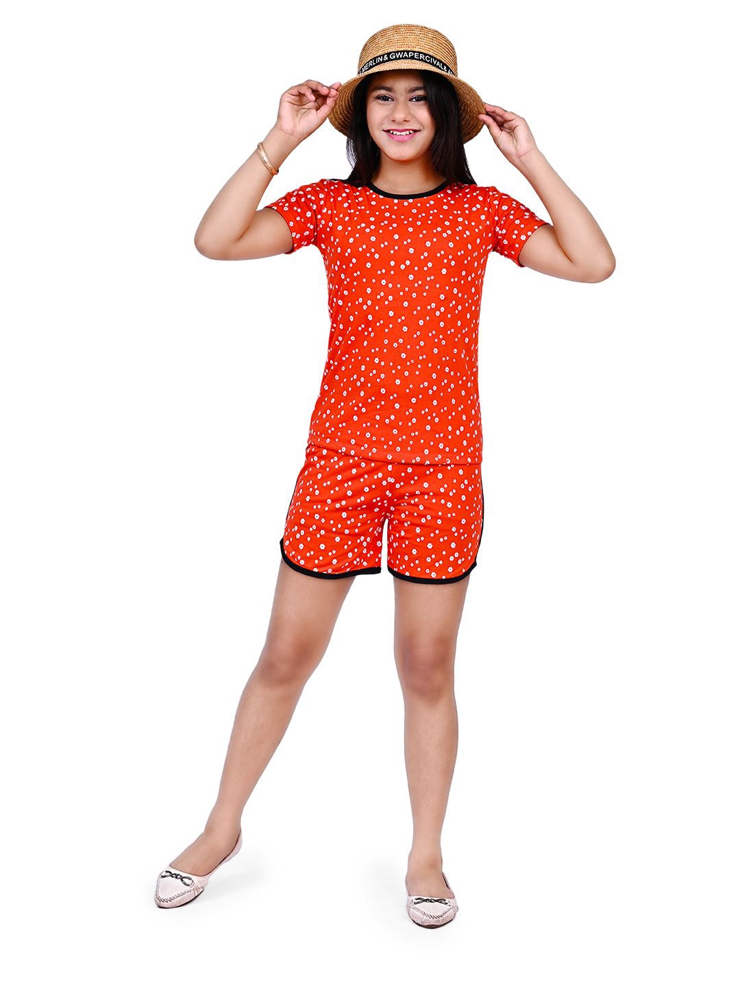 

INDIA FASHION FAB Girls Printed Pure Cotton T-Shirt with Shorts, Red