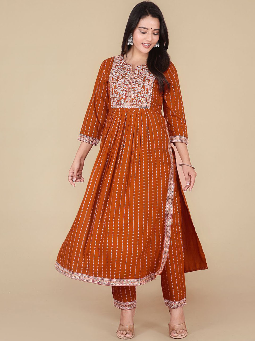 

HERE&NOW Floral Embroidered Thread Work A-Line Kurta with Trousers, Rust