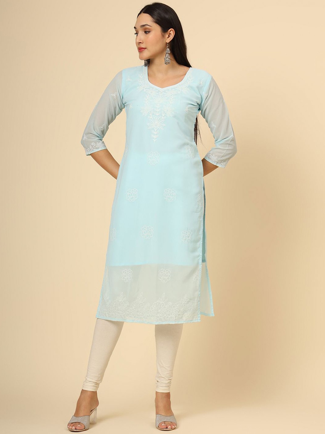 

HERE&NOW Blue Floral Embroidered Thread Work Georgette Straight Kurta