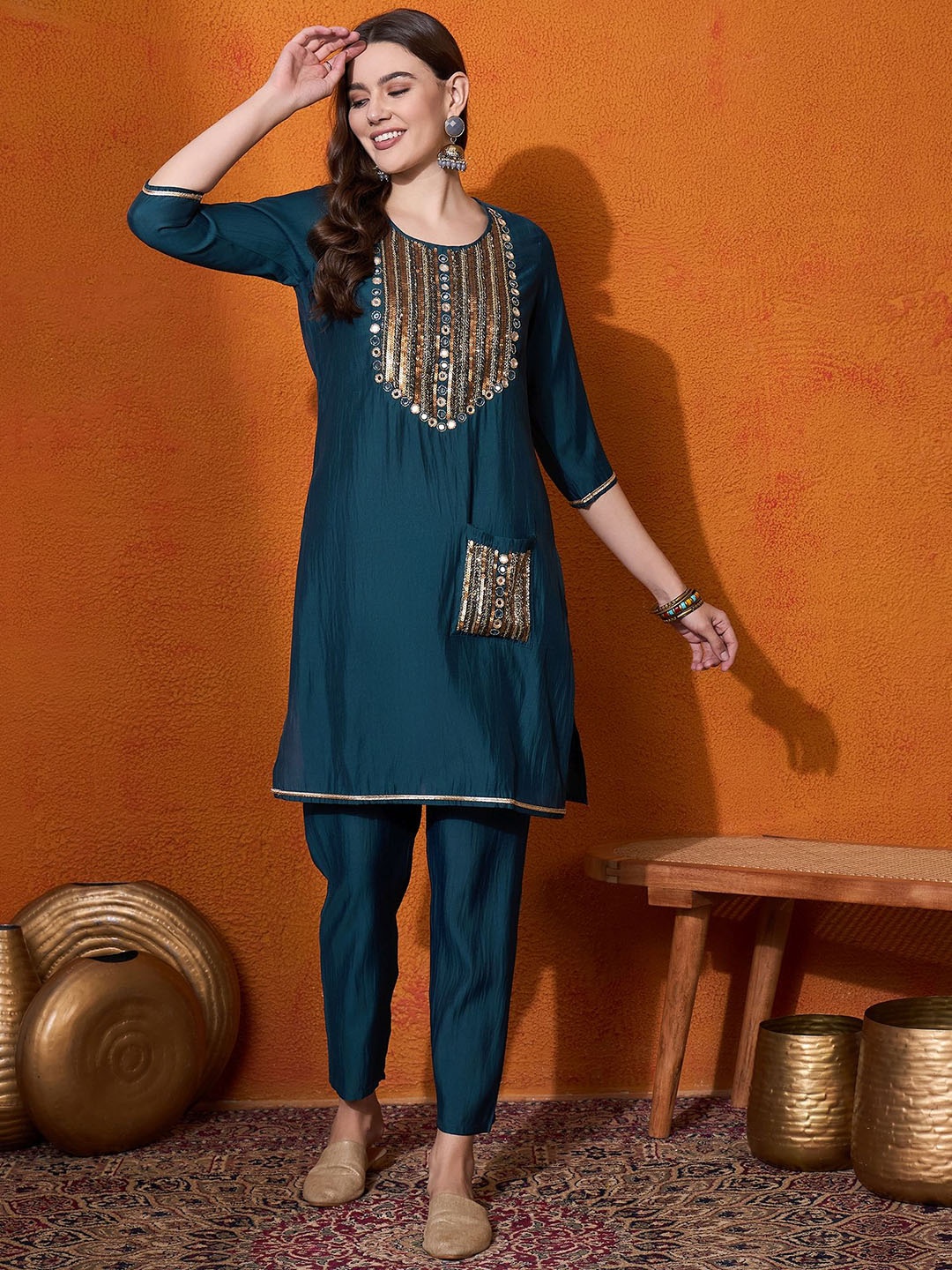 

Anouk Women Embroidered Regular Mirror Work Kurta with Trousers, Teal