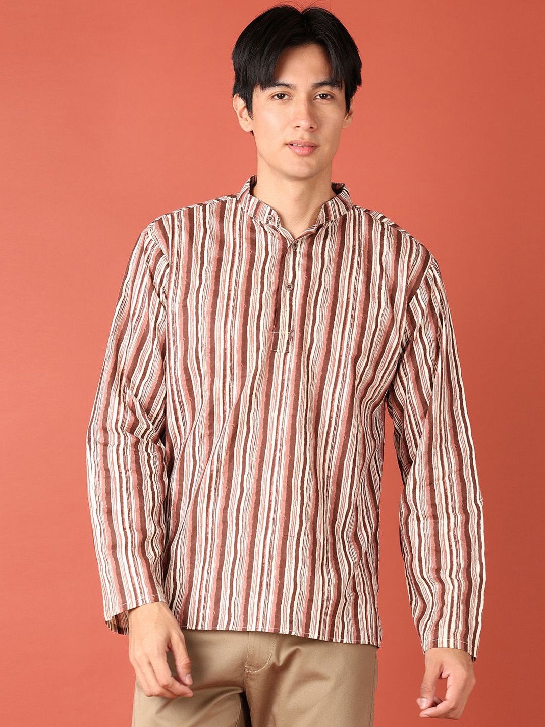 

V-Mart Striped Band Collar Cotton Kurta, Brown