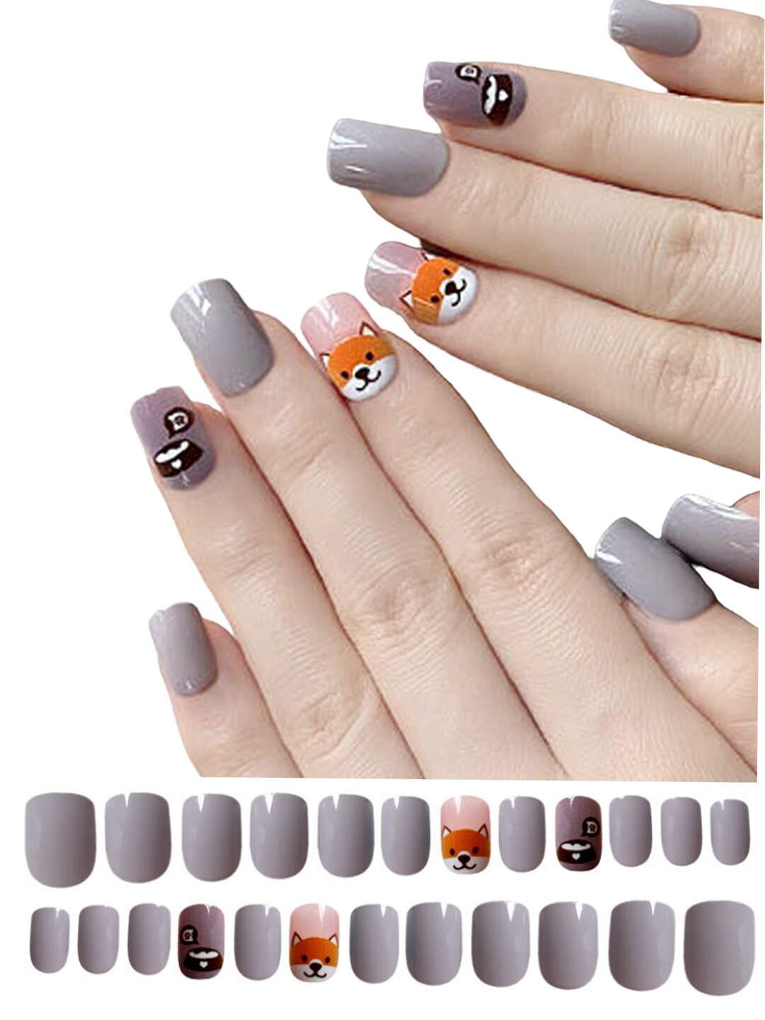 

Secret Lives 24-Pcs Glossy Finish & Pub Design Fake Nails, Grey