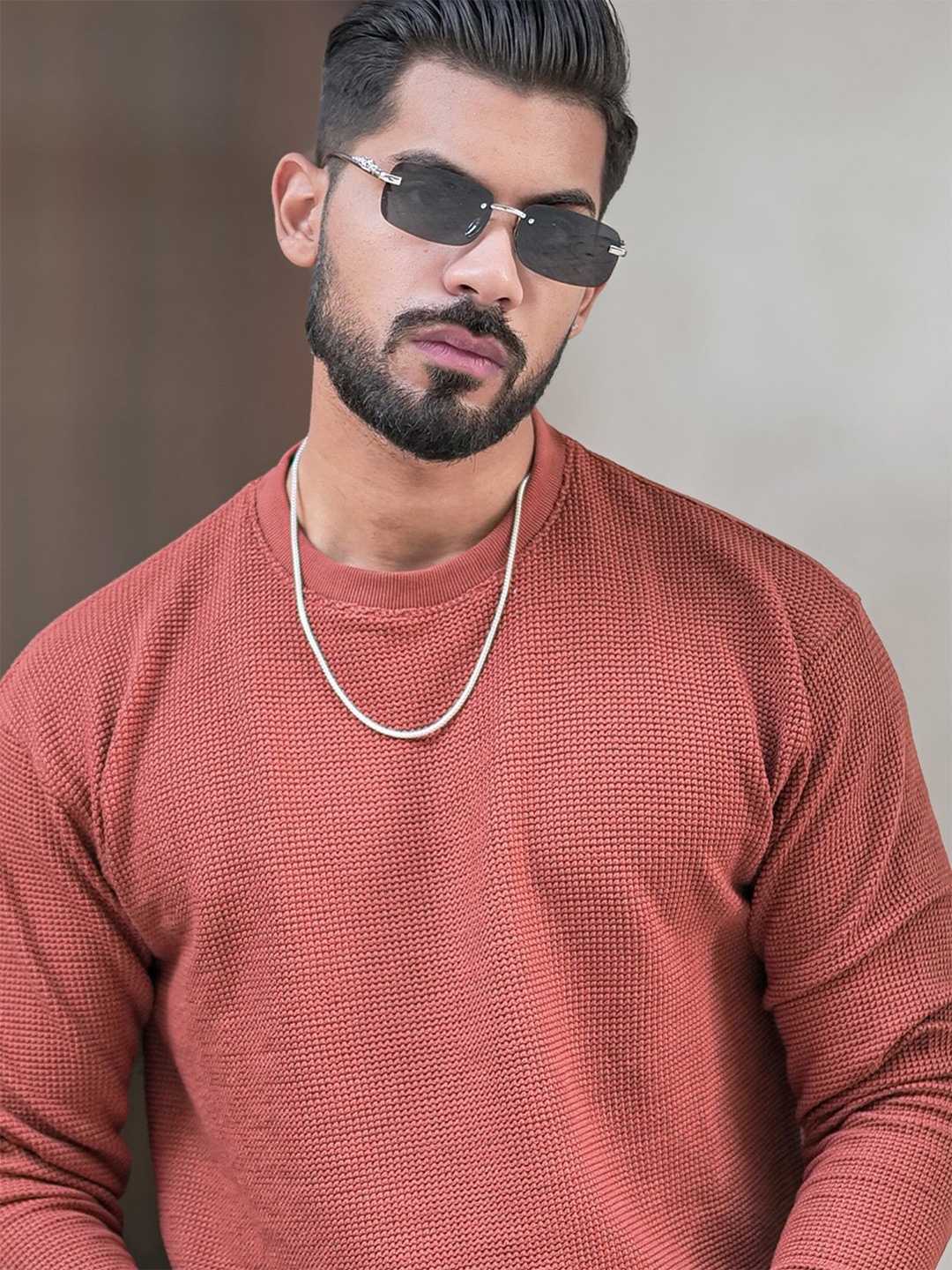 

Maniac Men Cotton Textured Casual Sweatshirt, Rust