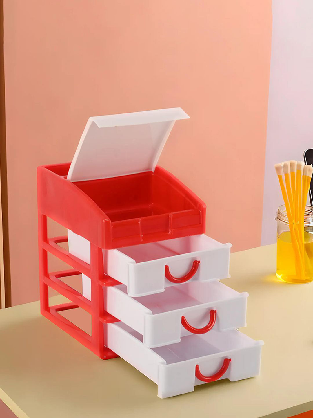 

Kuber Industries Red & White 2 Pieces Reusable 4-Tier Makeup Organisers