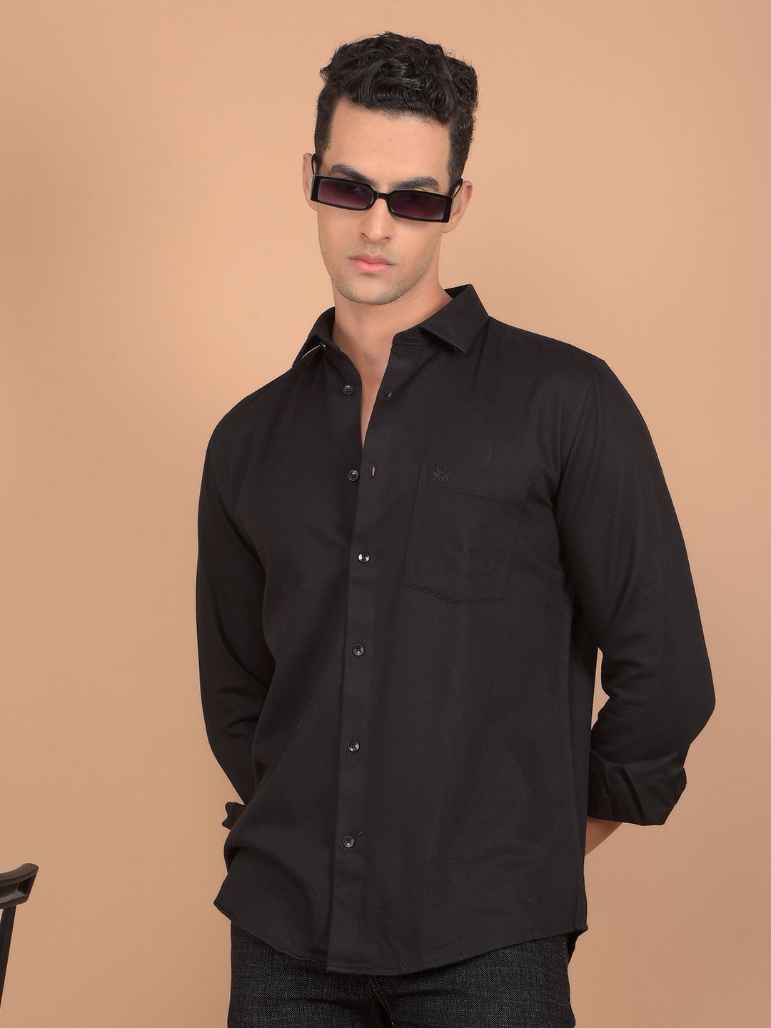 

Crimsoune Club Men Spread Collar Solid Cotton Slim Fit Casual Shirt, Black