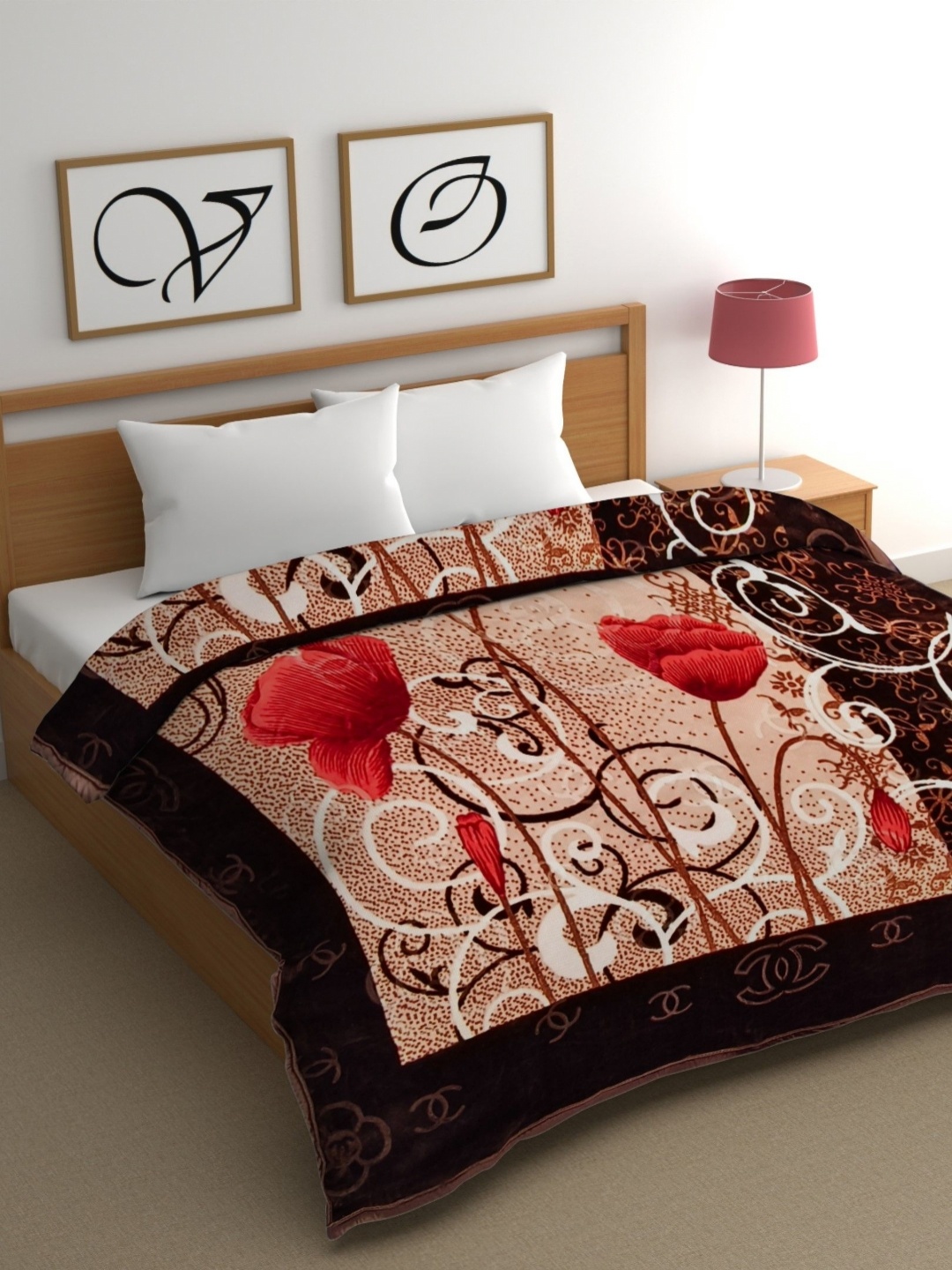 

CG HOMES Beige & Red Floral Mink Heavy Winter 350 GSM Double Bed Blanket