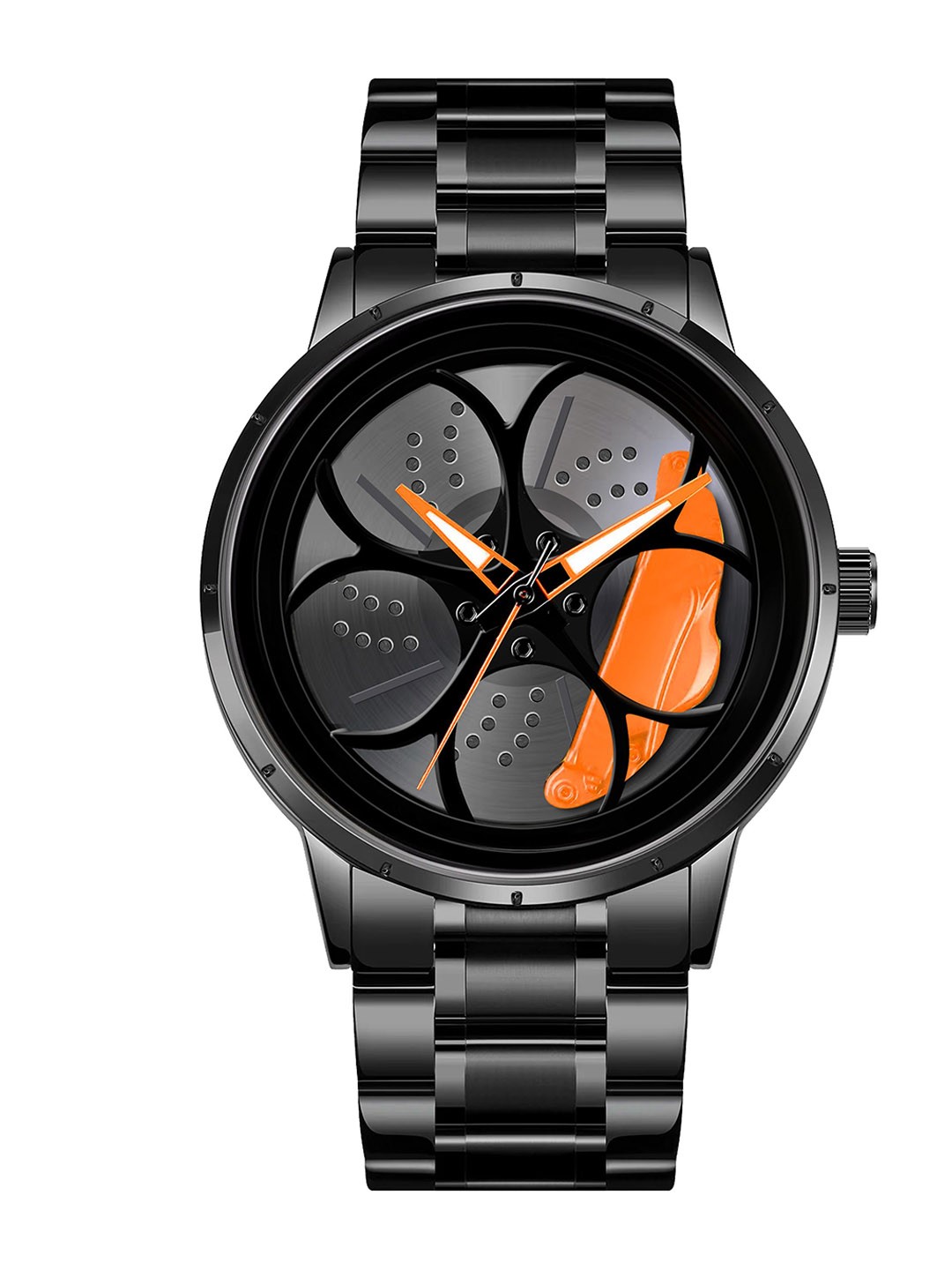 

IIK COLLECTION Men Round Car Wheel Dial With Spinning Car Rim Hub Chain Analogue Watch, Orange