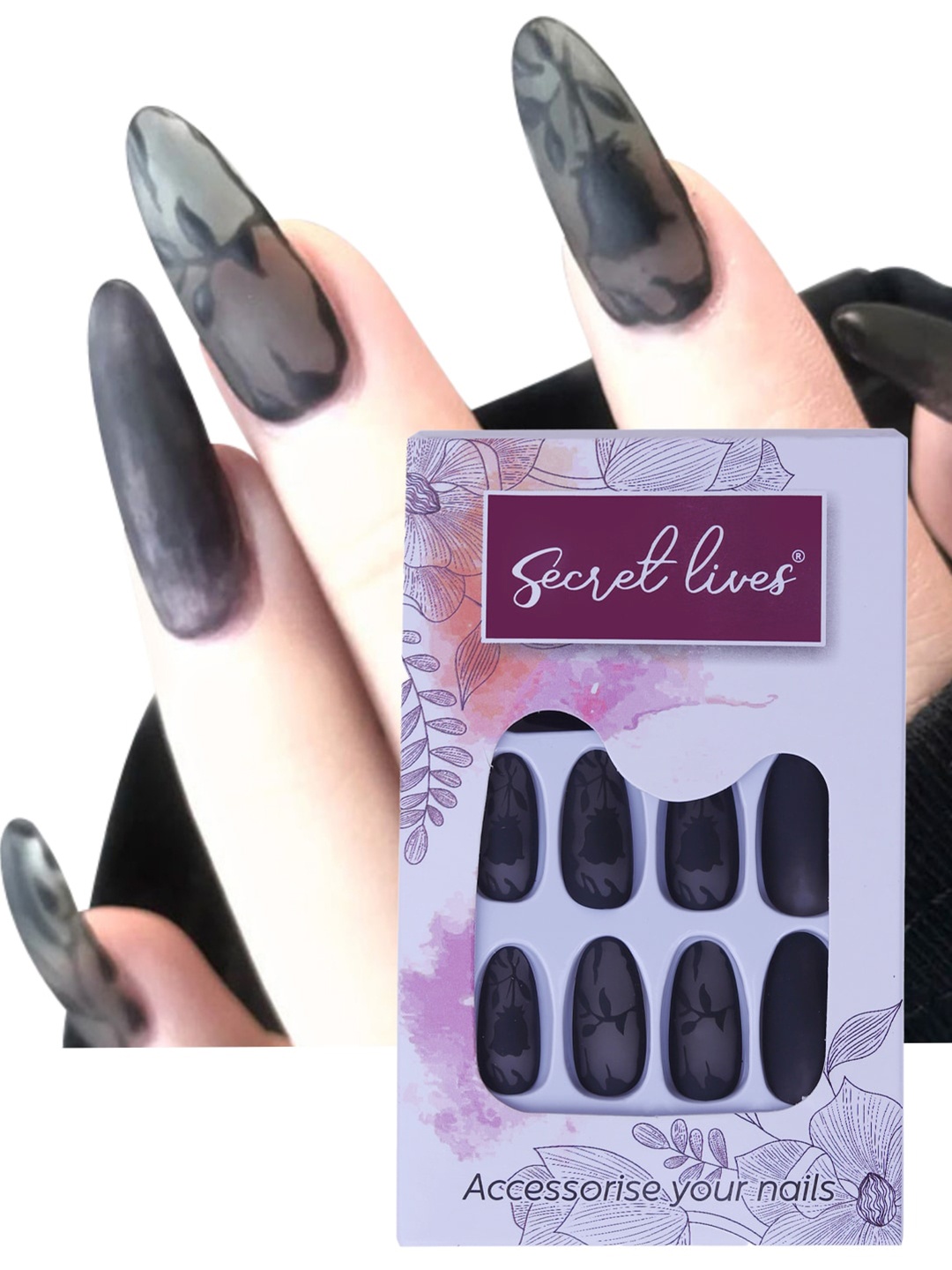 

Secret Lives 24 Pieces Almond Matte Rose Fake Nails, Black