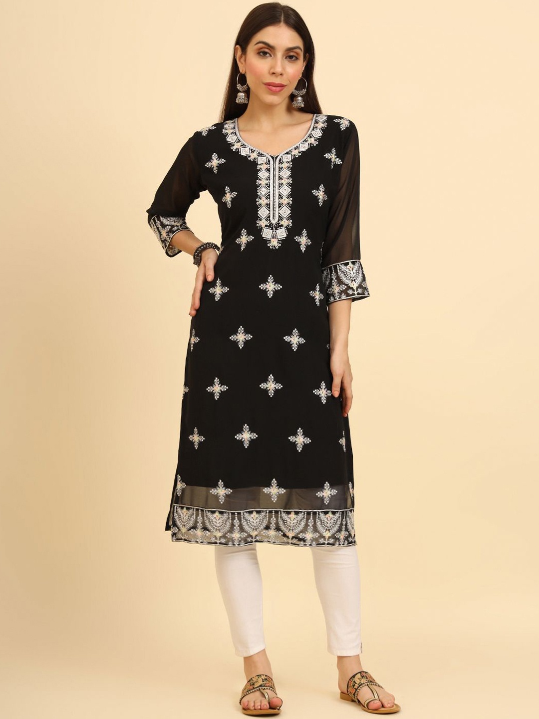 

HERE&NOW Floral Embroidered Georgette Straight Kurta, Black