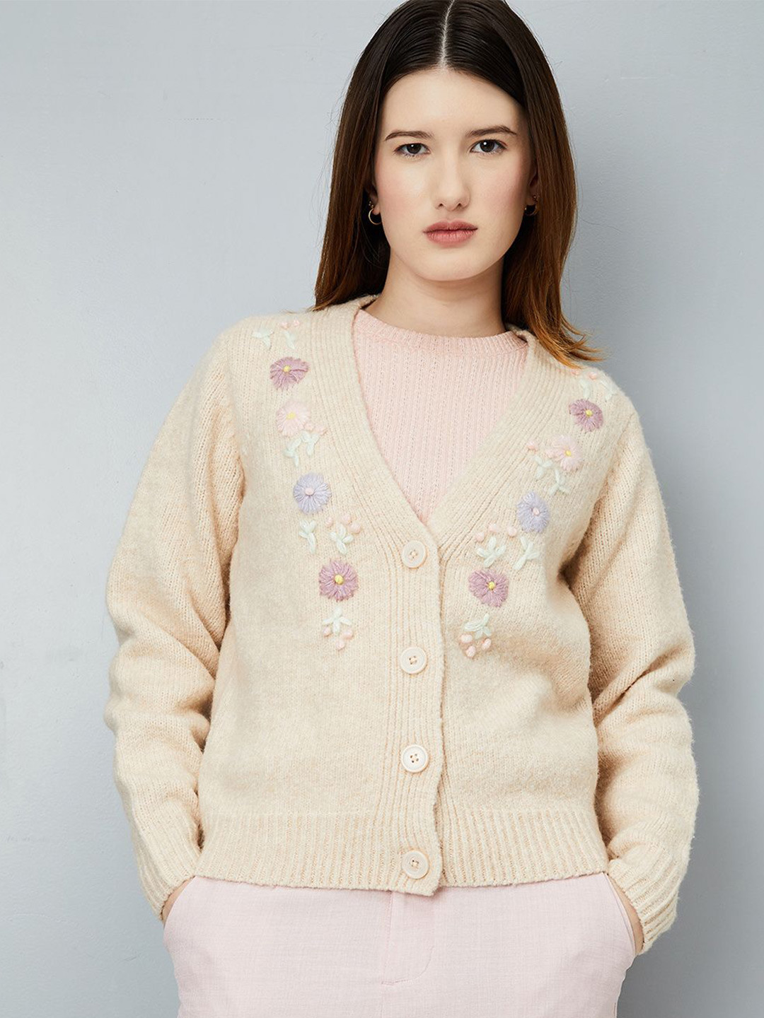 

max Women Floral Embroidered Cardigan, Beige