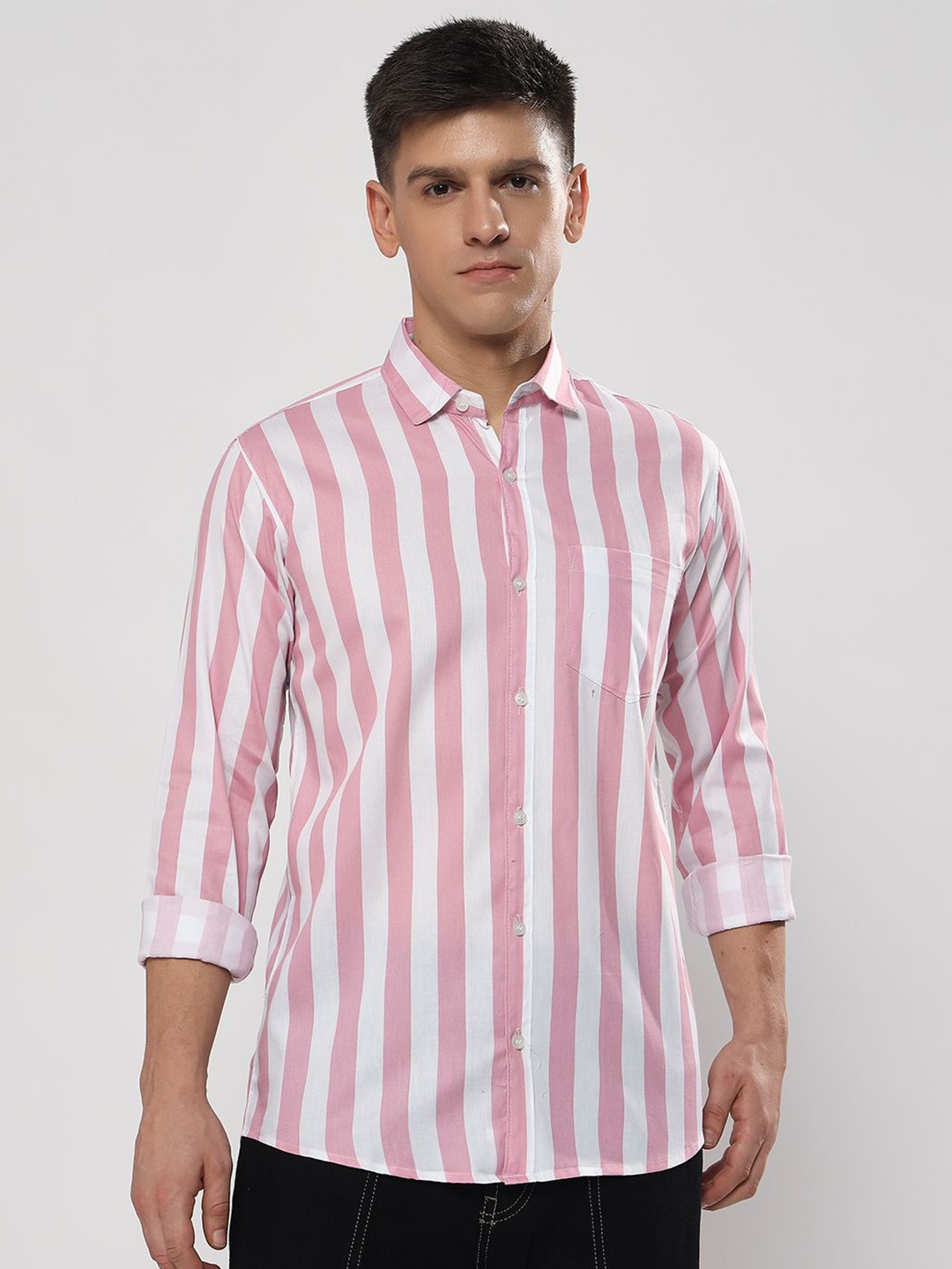 

YOUTH FIRST Men Premium Spread Collar Vertical Striped Casual Shirt, Pink