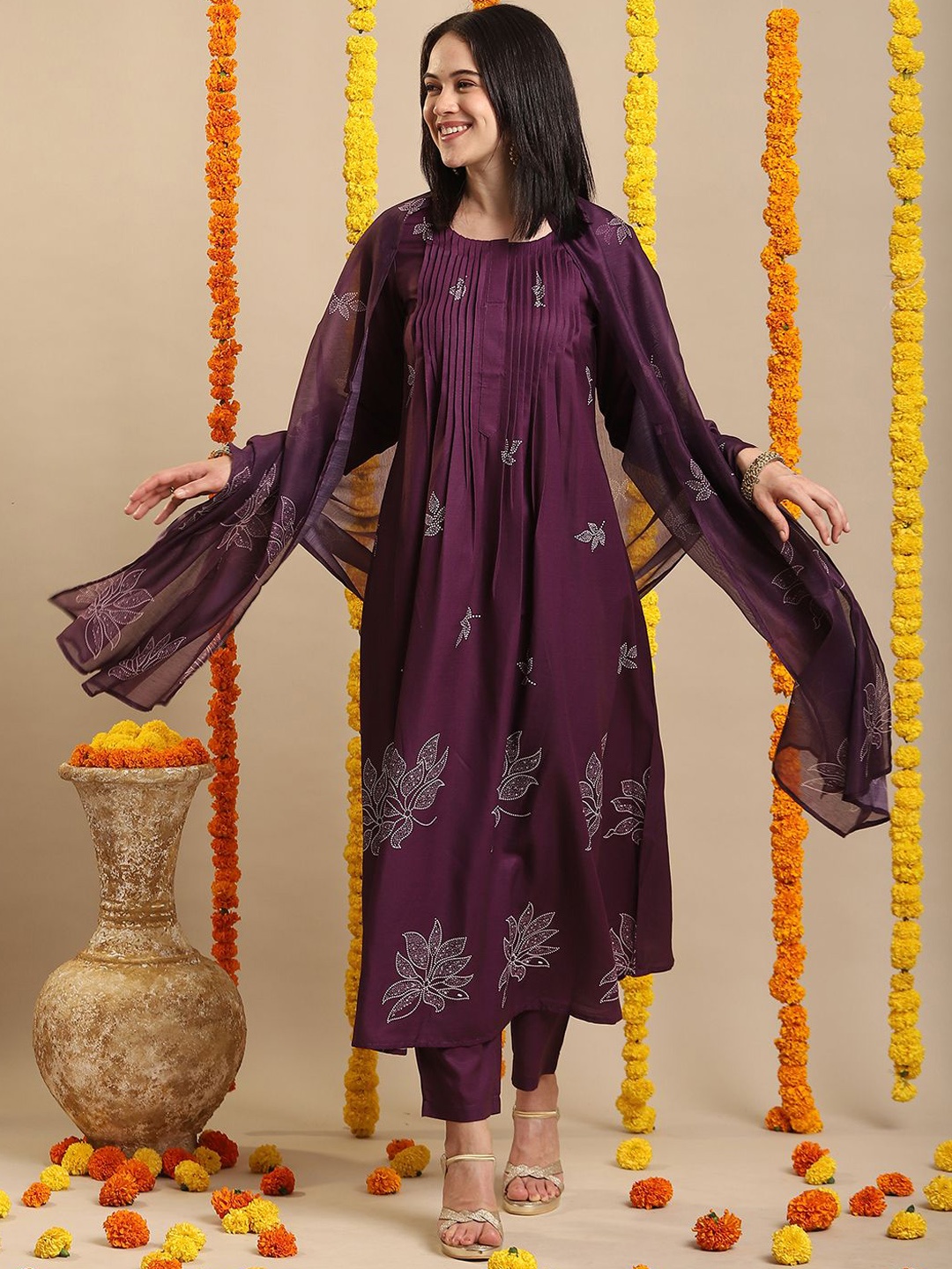

KALINI Round Neck Floral Printed Straight Kurta with Trouser & Dupatta, Purple