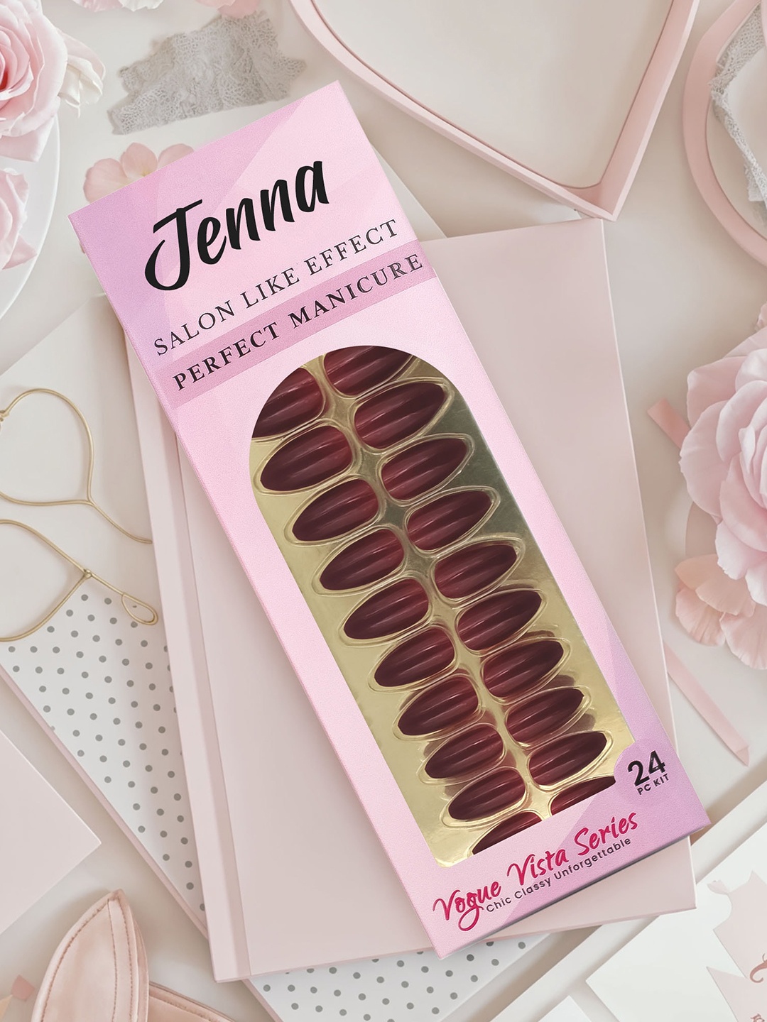 

JENNA Set Of 24 French Tip Press On Acrylic Almond Shape Artificial Nails - Maroon