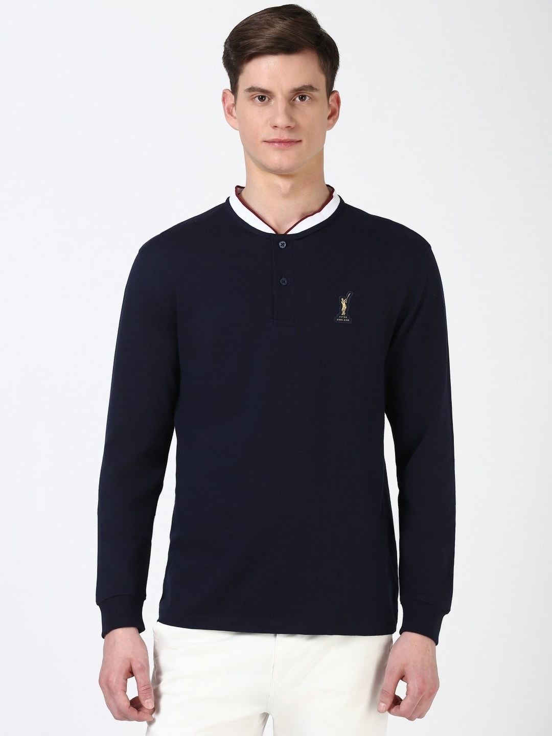 

Peter England Casuals Men Solid Henley Neck Cotton T-shirt, Navy blue