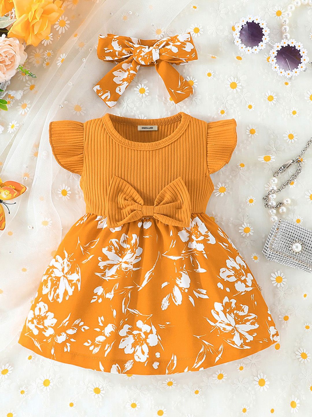 

INCLUD Girls Floral Printed Fit & Flare Dress, Yellow