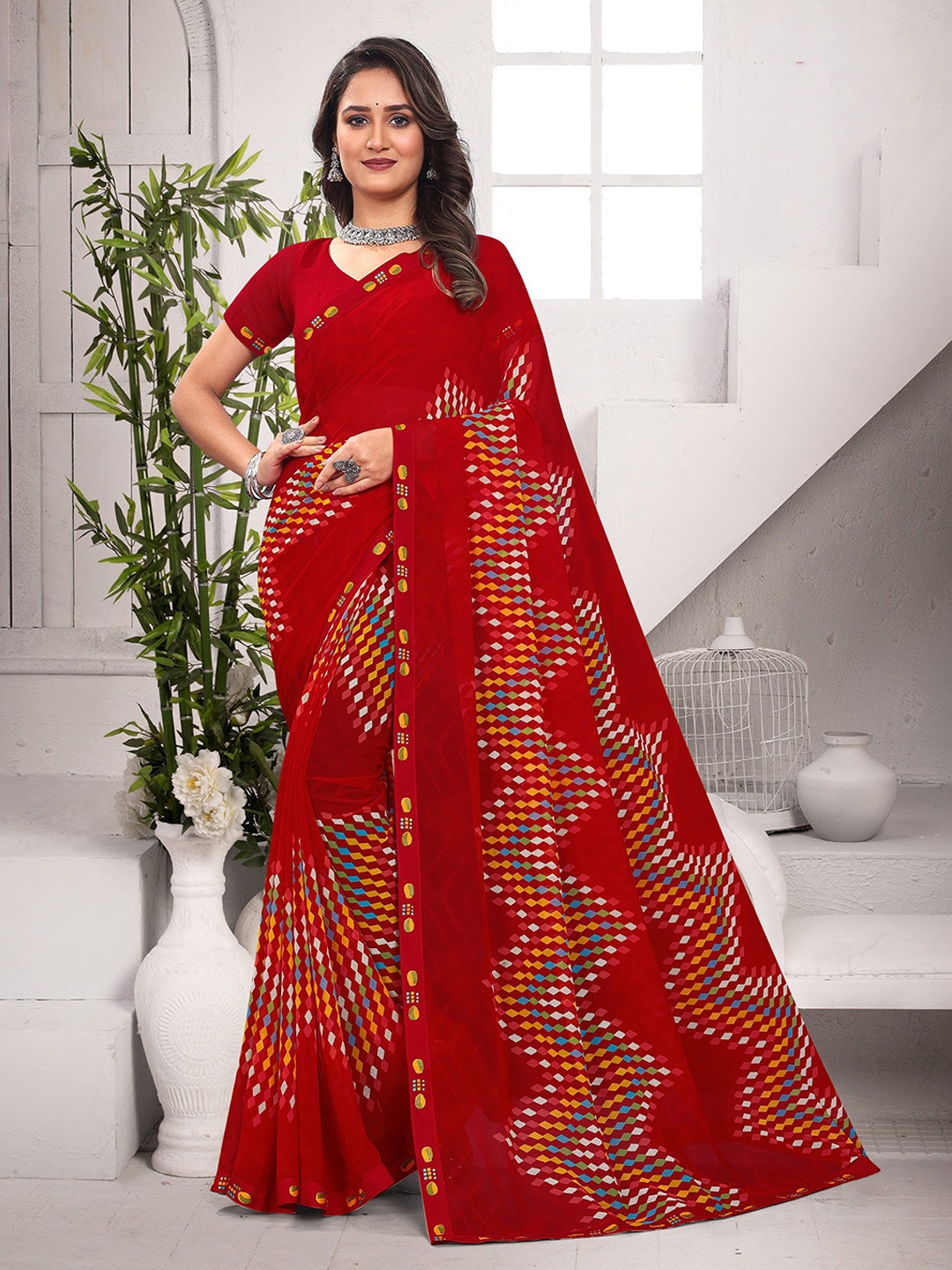 

Laxmipati Geometric Printed Saree, Red