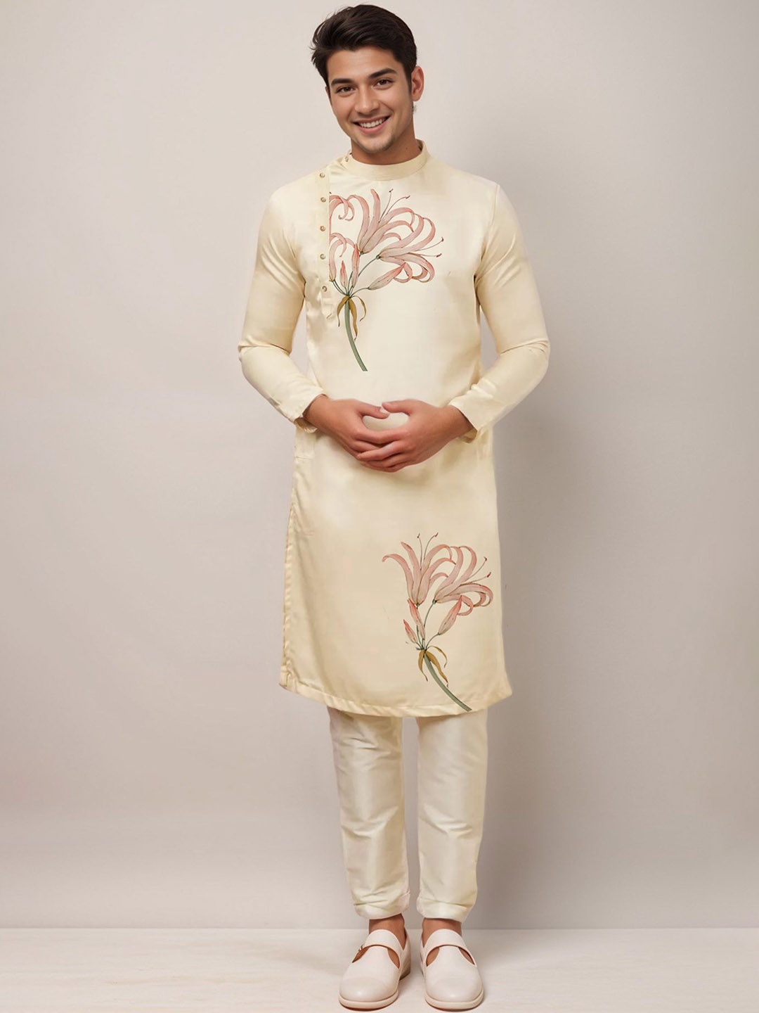 

DEVOILER Floral Printed Thread Work Mandarin Collar Side Placket Cotton Straight Kurta, Beige