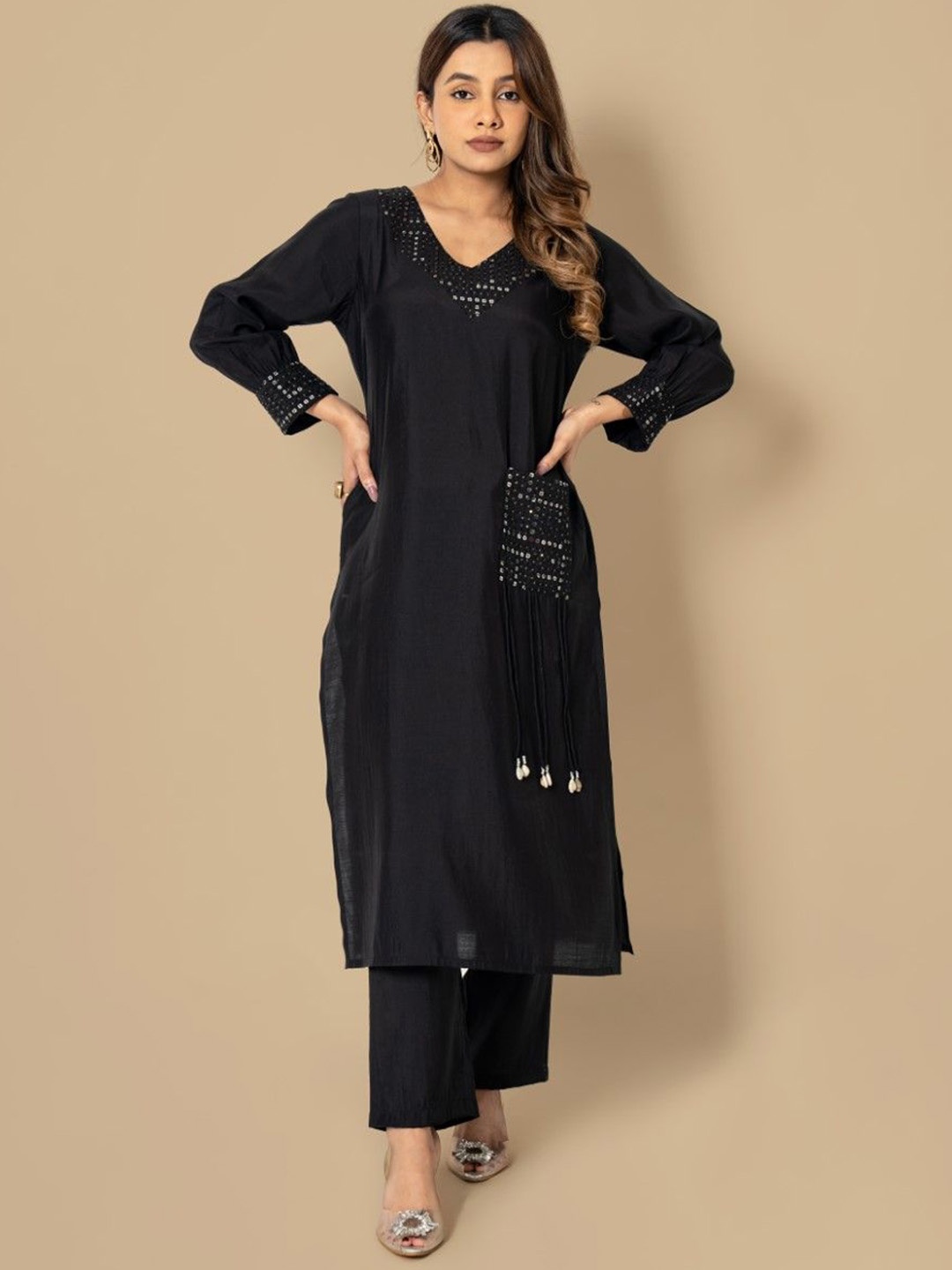 

AUTUMN LANE Geometric Yoke Design Mirror Work Cotton Silk A-Line Kurta With Trouser, Black