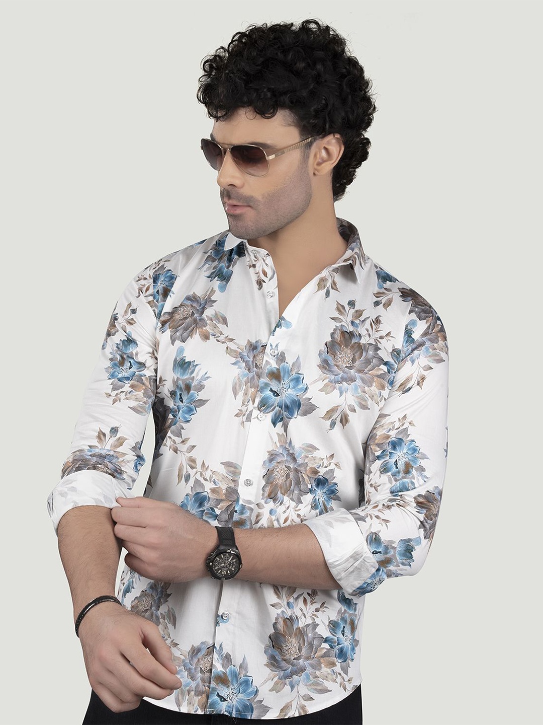 

ALMATY Men Comfort Spread Collar Floral Printed Cotton Slim Fit Casual Shirt, White