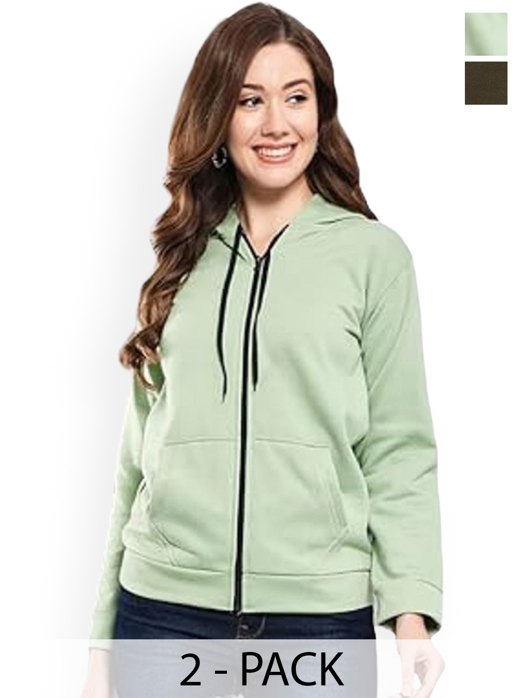 

Funday Fashion Women Pack Of 2 Hooded Solid Fleece Casual Open Front Jackets, Green