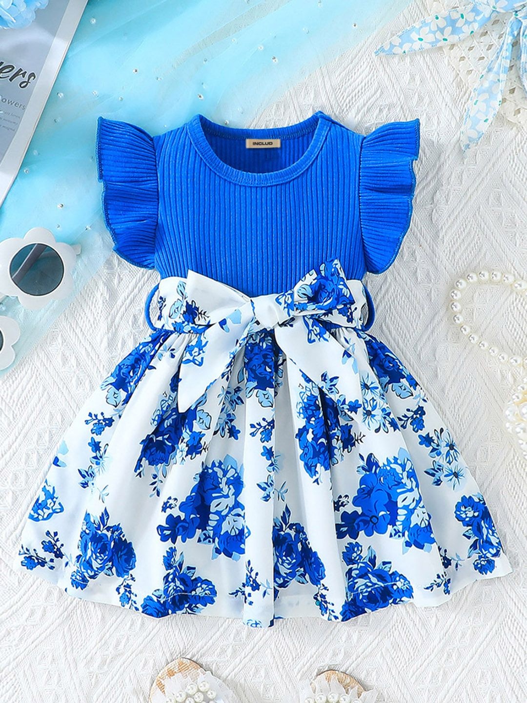 

INCLUD Girls Floral Printed Fit & Flare Dress, Blue