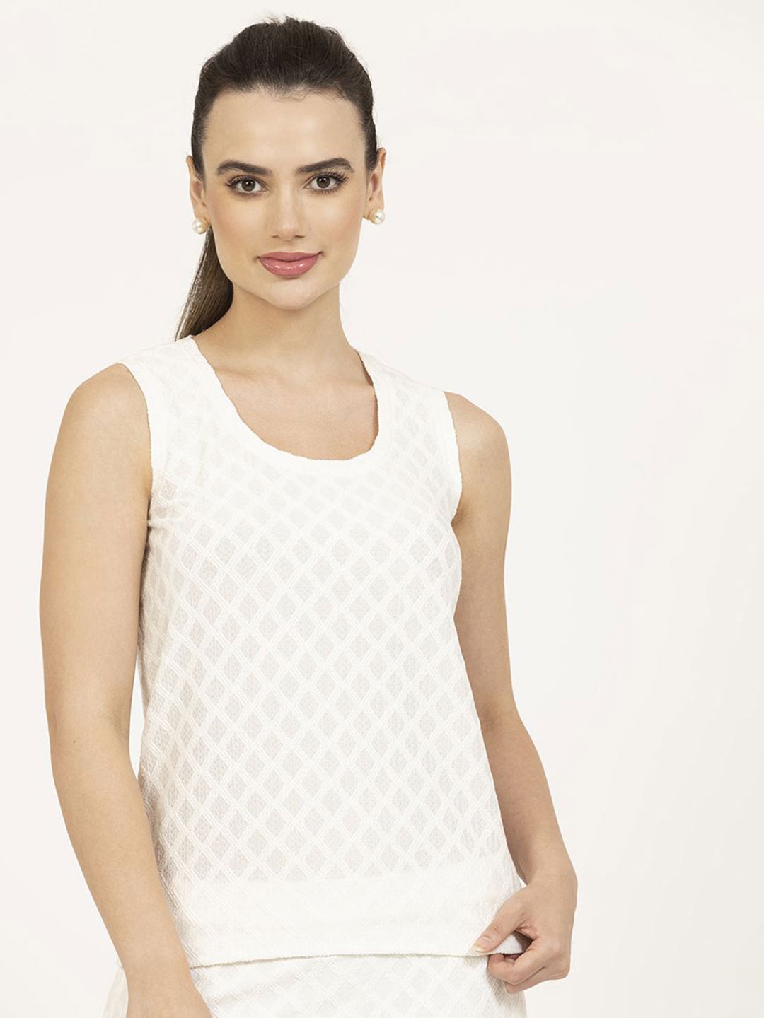 

OFFICE & YOU Round Neck Self Design Top, White