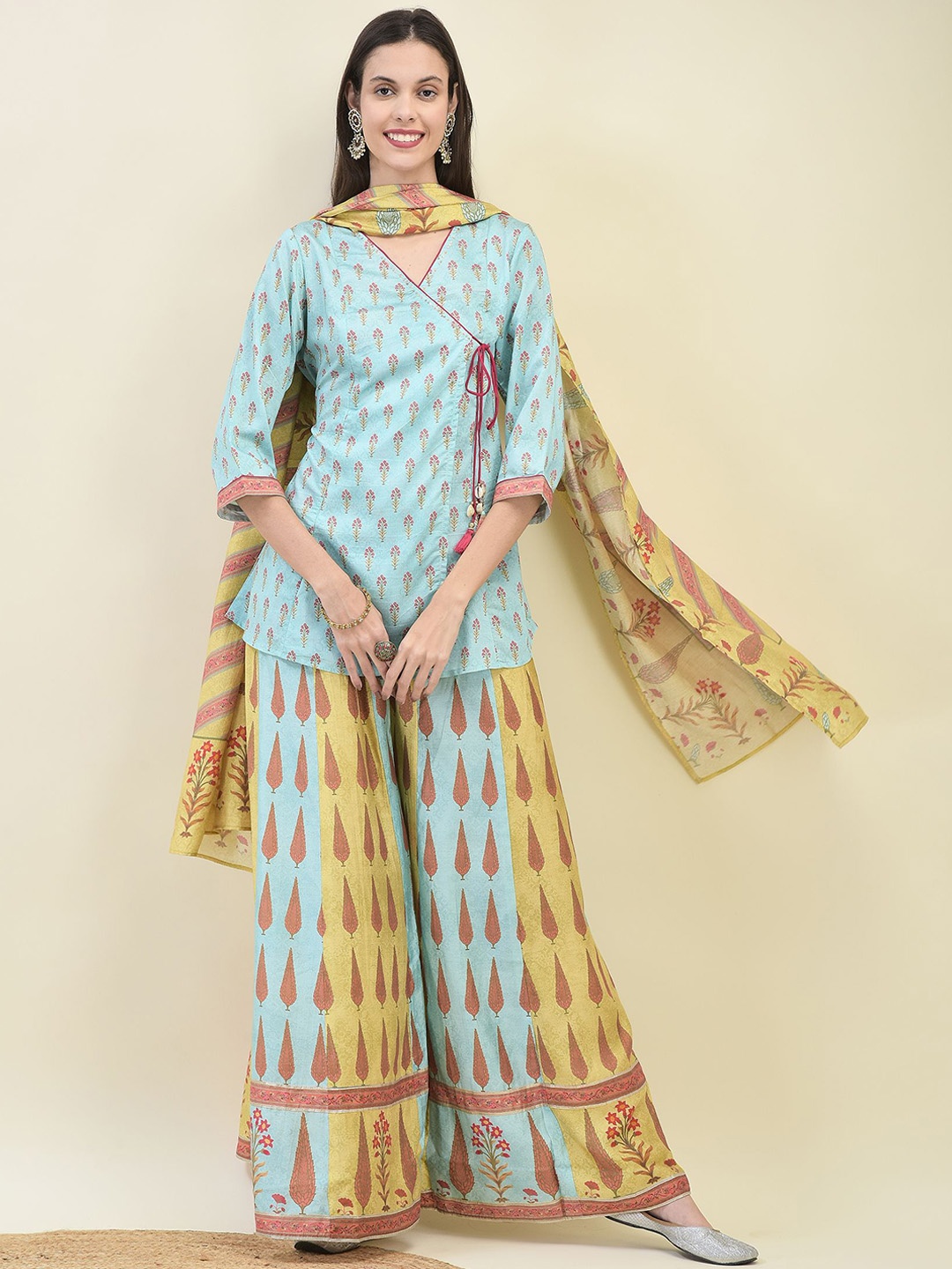 

Shree Floral Printed Angrakha Chanderi Silk Kurti With Palazzo With Dupatta, Blue