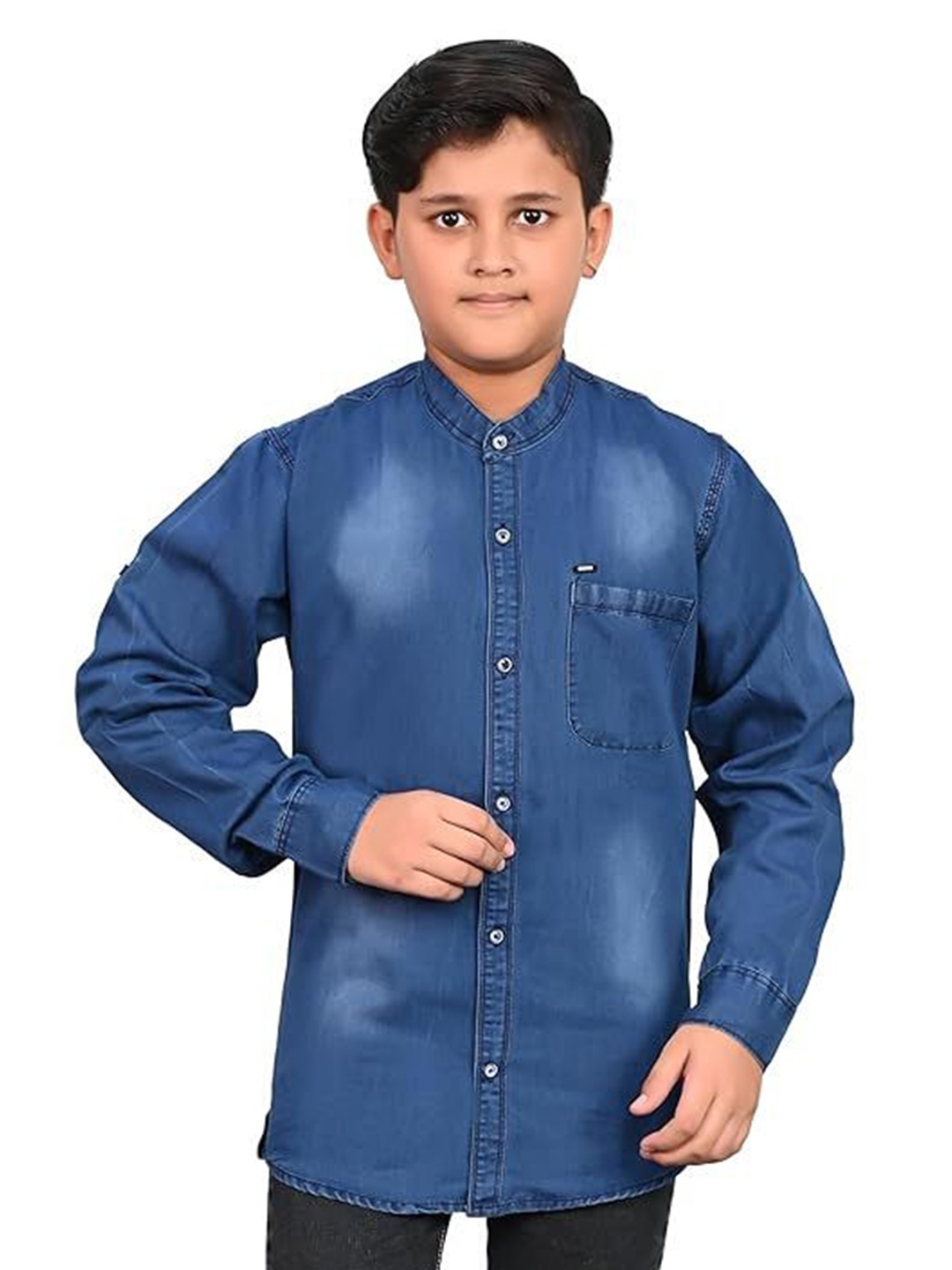 

Eliq Boys Band Collar Solid Cotton Casual Shirt, Blue