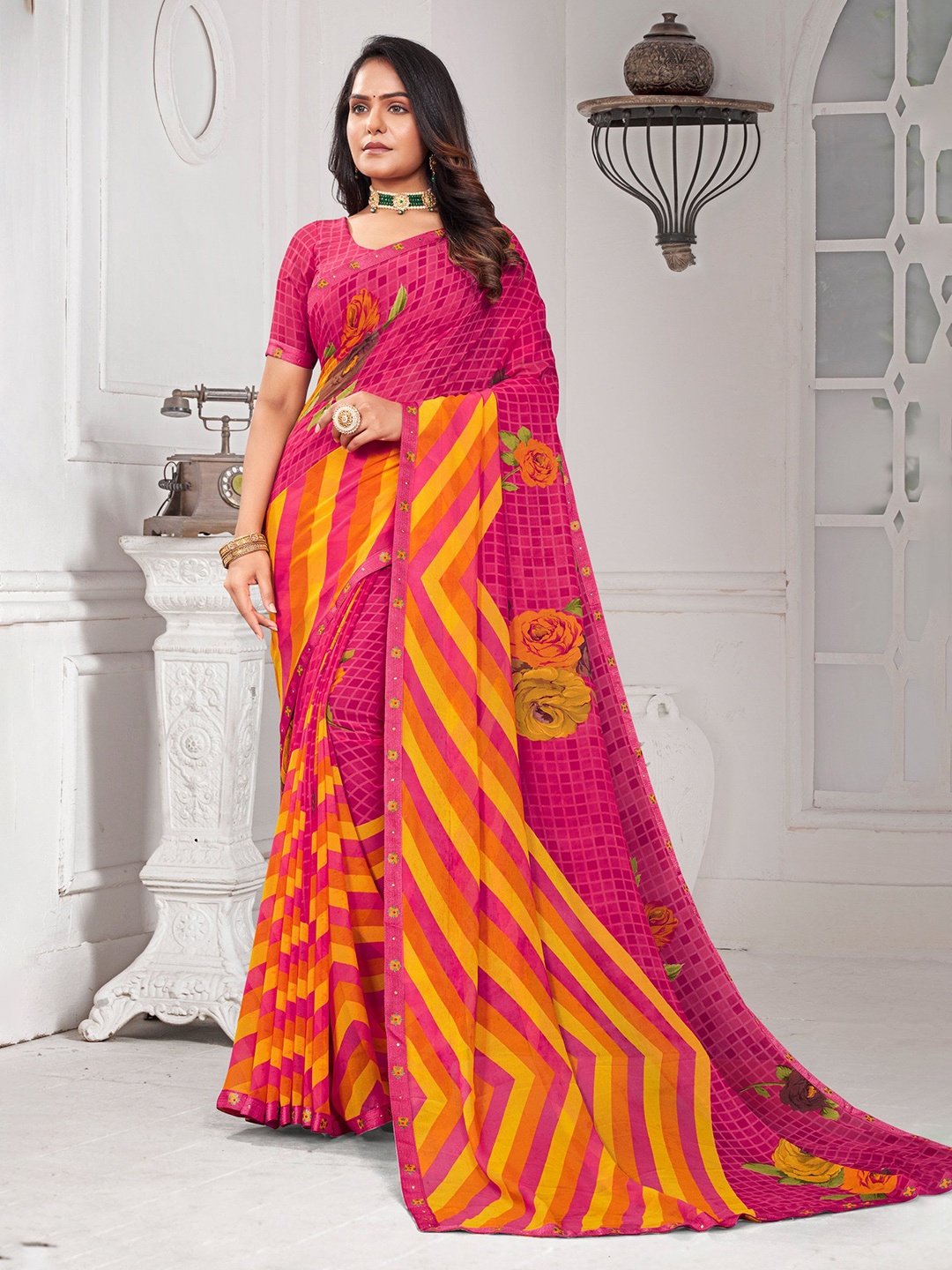 

Laxmipati Striped Saree With Blouse Piece, Pink