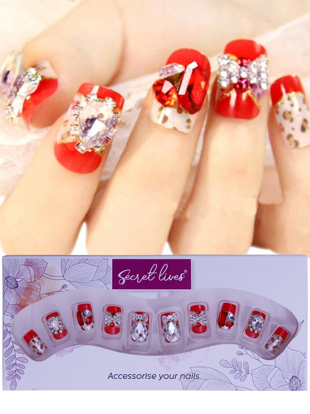 

Secret Lives 24 Pieces 3D Stones Bow Fake Nail Extension Fake Nail Extensions, Red