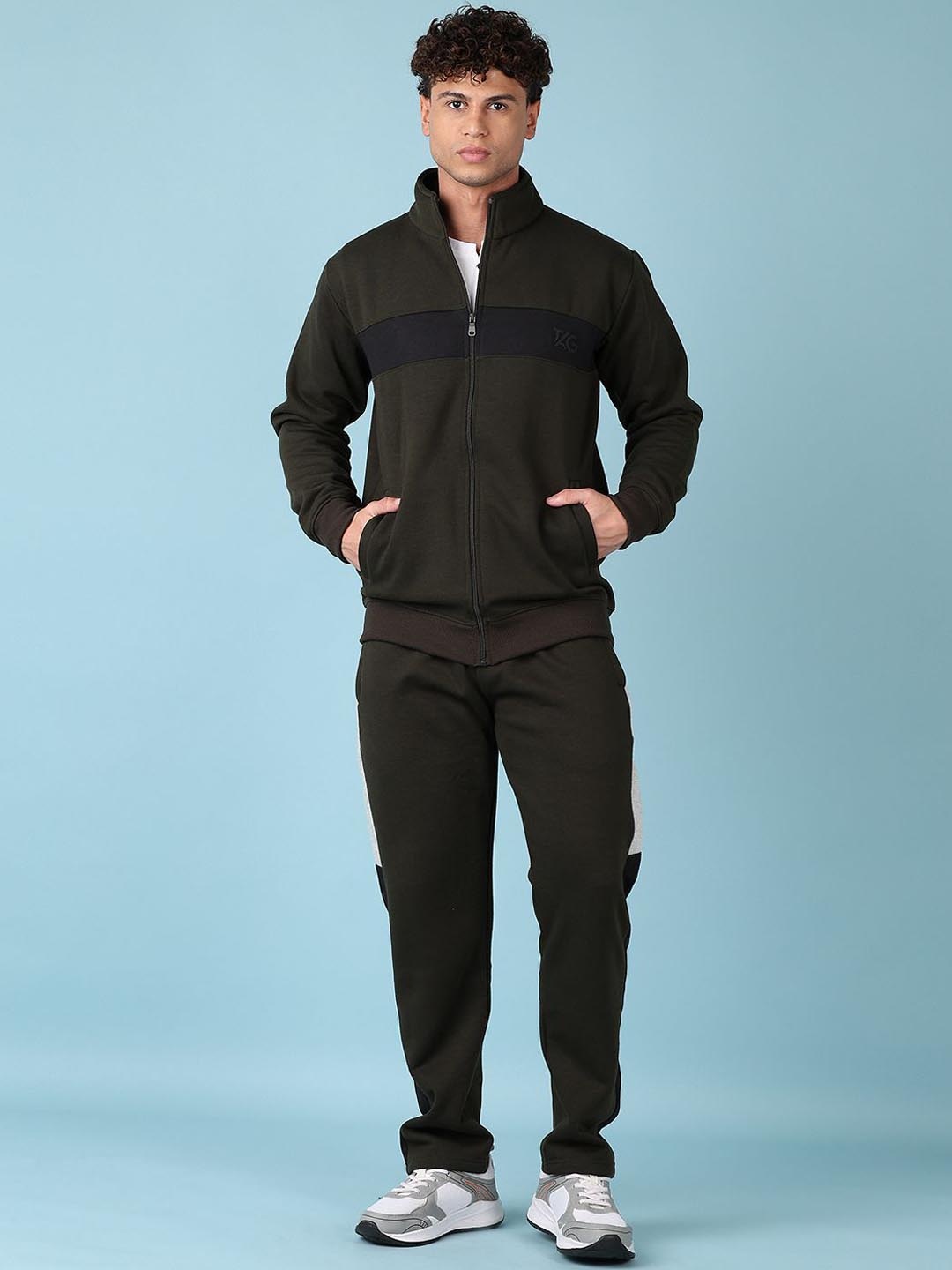 

V-Mart Men Cotton Mock Collar Mid-Rise Tracksuits, Green