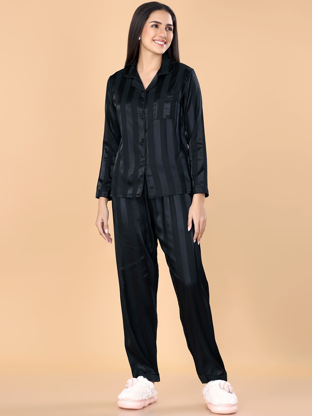 

ANSEE by Addery Women Striped Night suit, Black