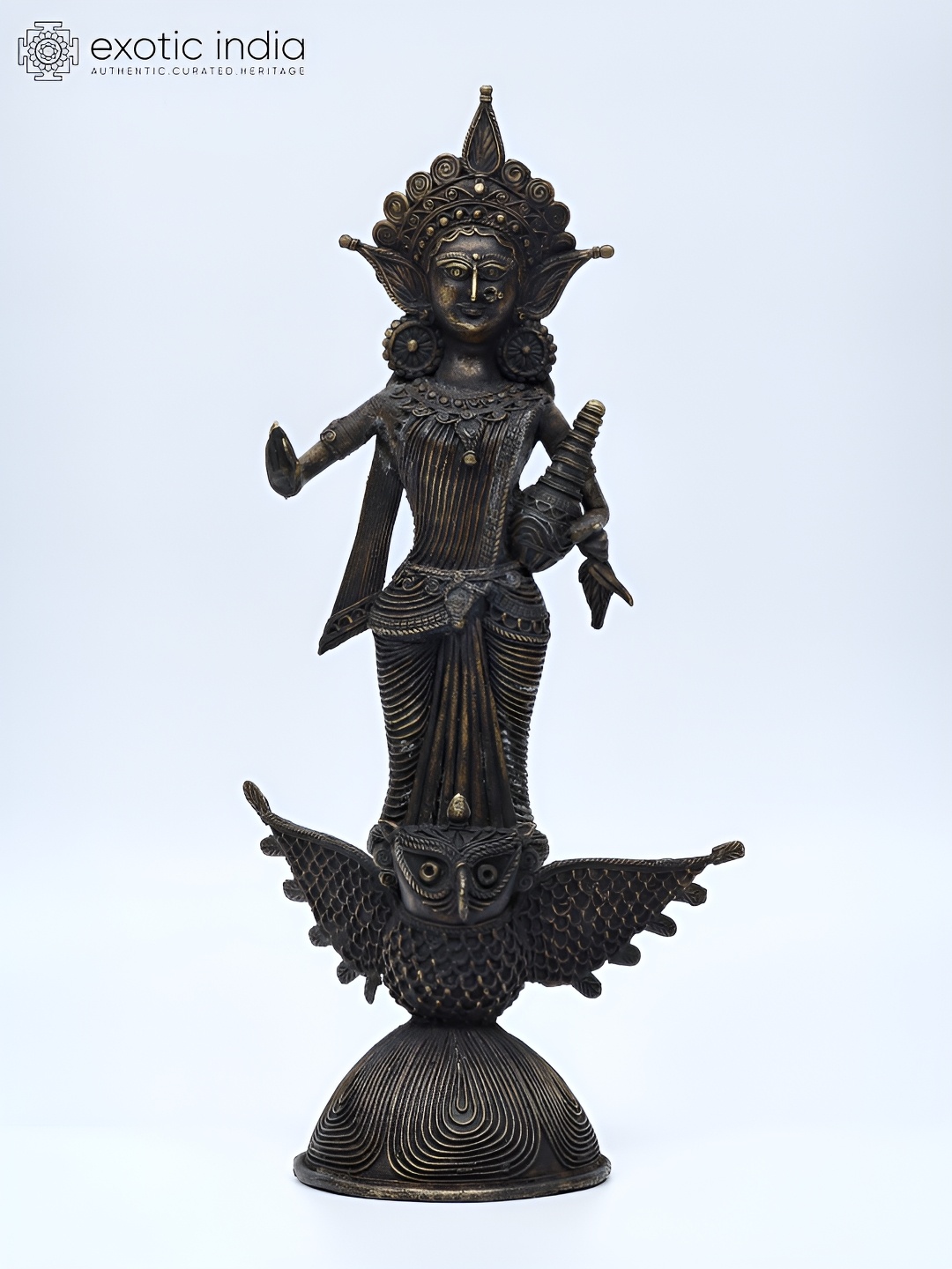 

Exotic India 14" Goddess Lakshmi Standing on Owl Tribal Brass Statue, Black