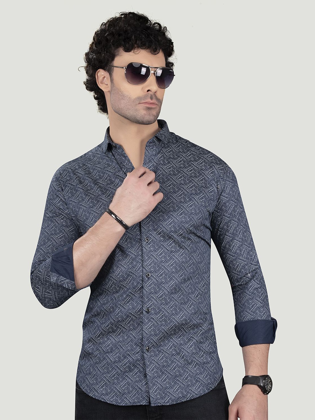 

ALMATY Men Comfort Spread Collar Abstract Printed Cotton Slim Fit Casual Shirt, Blue