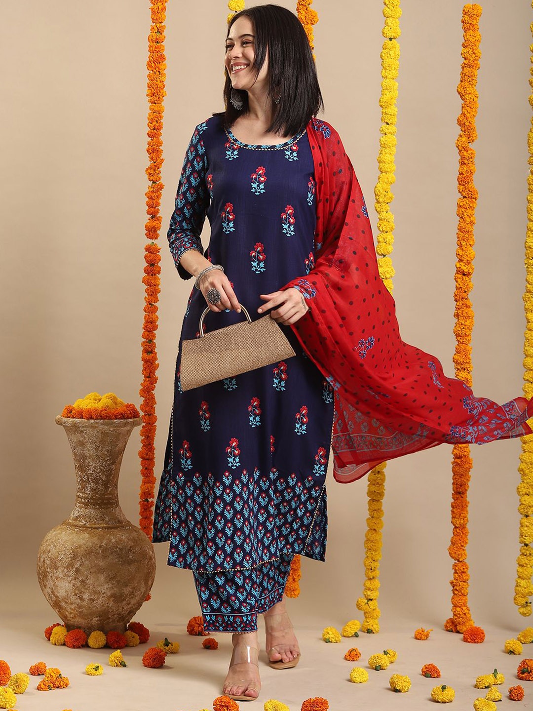 

KALINI Round Neck Floral Printed Straight Kurta with Palazzos & Dupatta, Navy blue