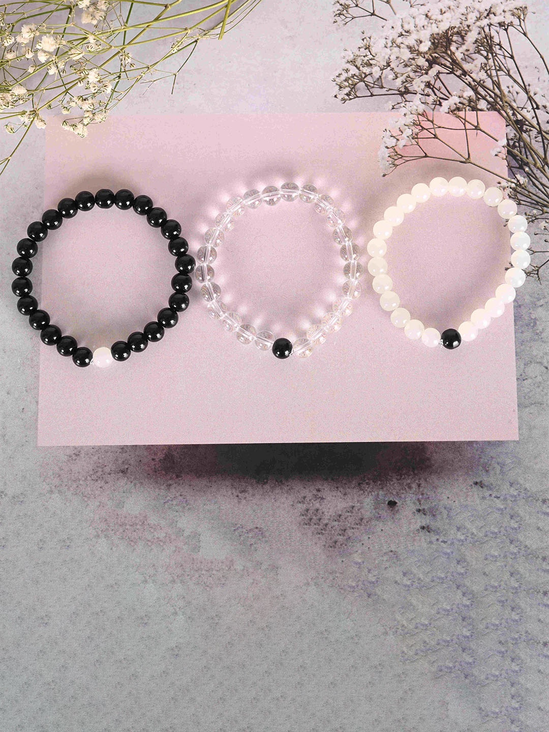 

NVR Unisex Set Of 3 Beaded Elasticated Bracelets, White