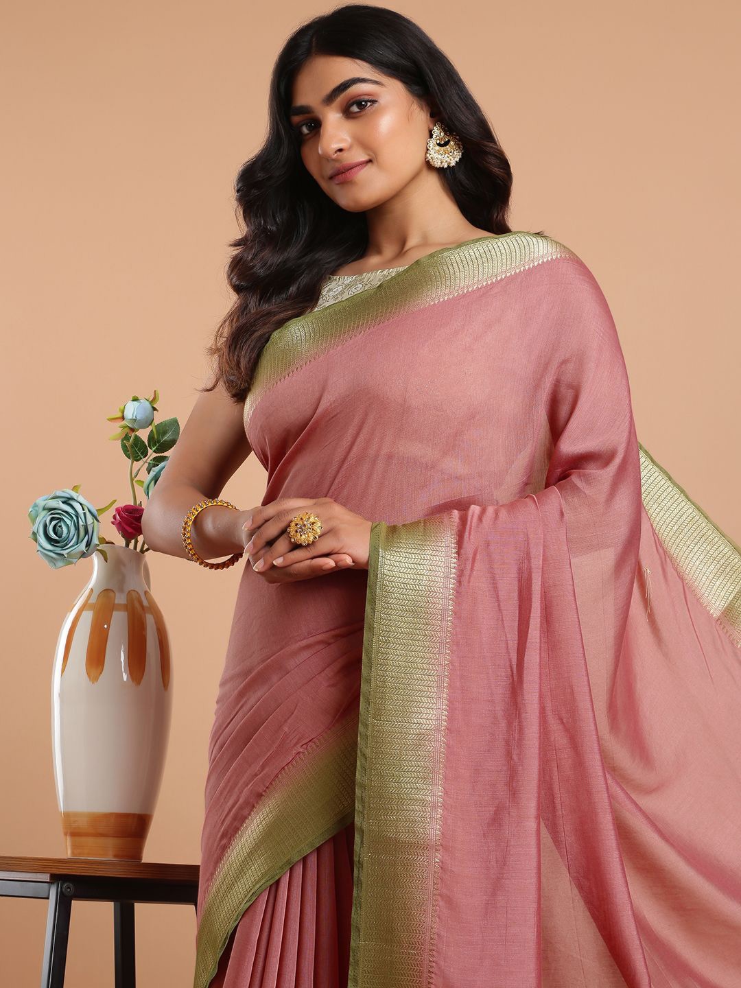 

Kalyan Silks Silk Blend Chanderi Saree, Peach