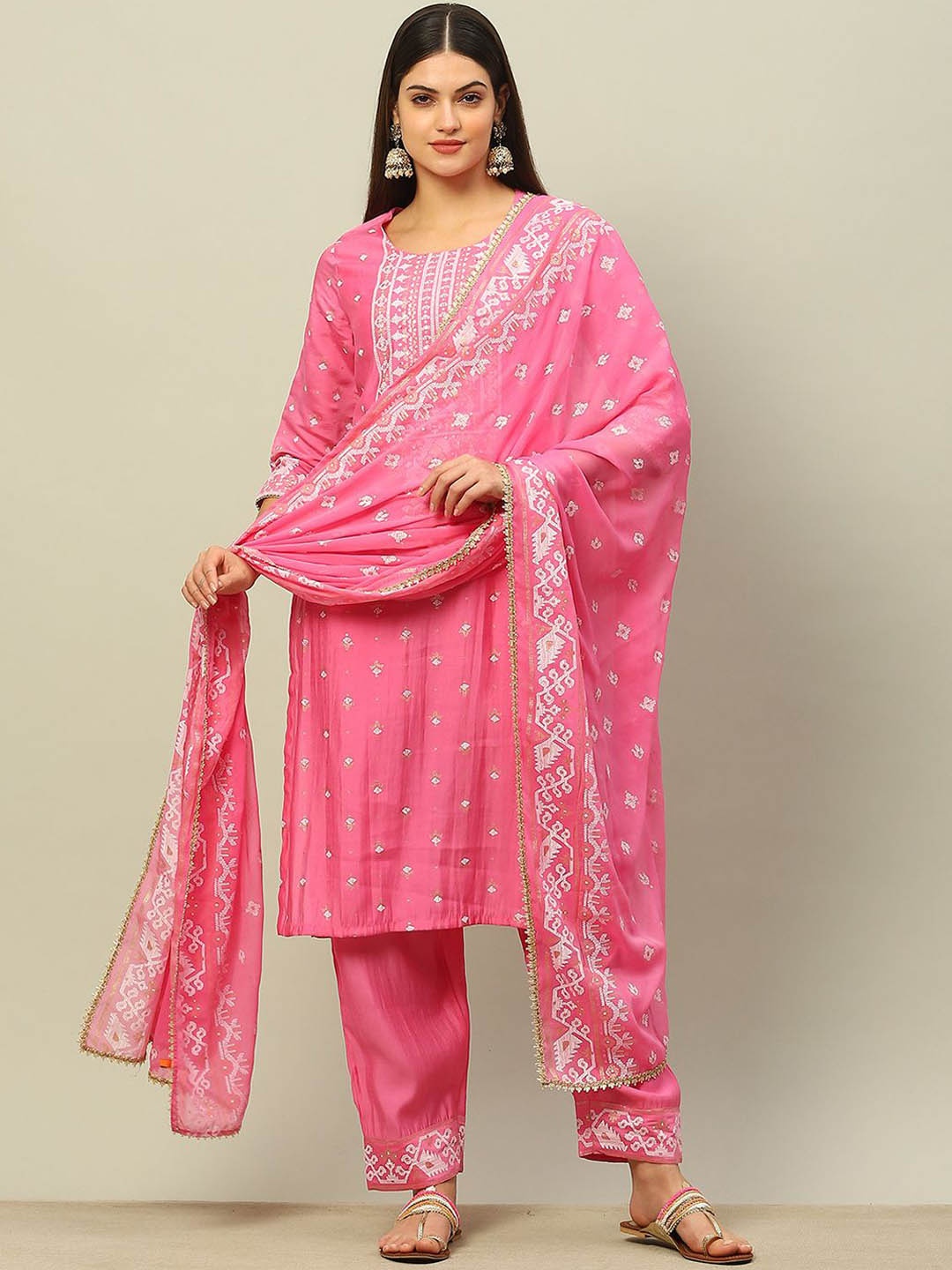 

Rangriti Women Printed Regular Kurta with Palazzos & With Dupatta, Pink