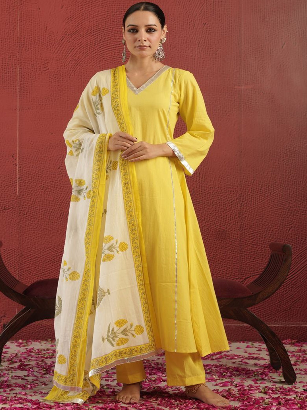 

OneWe V-Neck Gotta Patti Pure Cotton A-Line Kurta With Trouser & Dupatta, Yellow