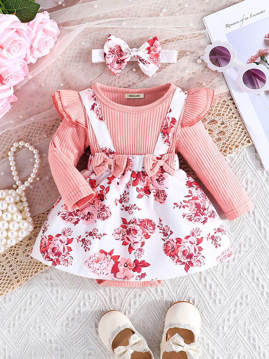 

INCLUD Girls Floral Printed Fit & Flare Dress, Pink