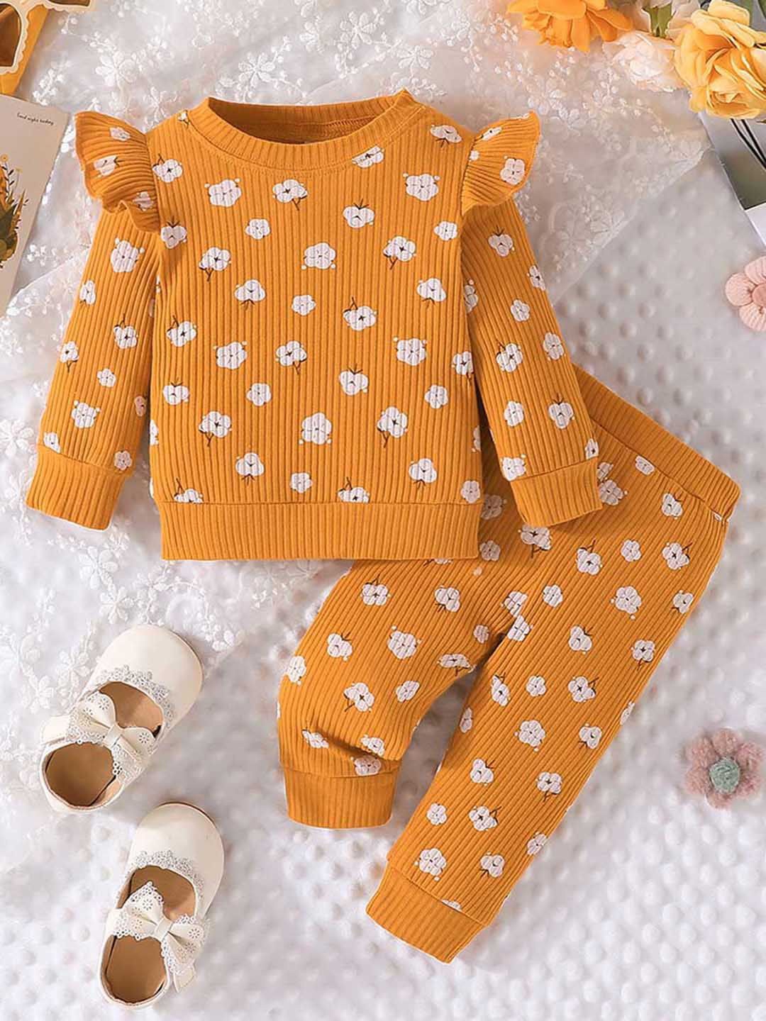 

INCLUD Girls Printed Round Neck Long Sleeves T-Shirt With Jogger, Mustard