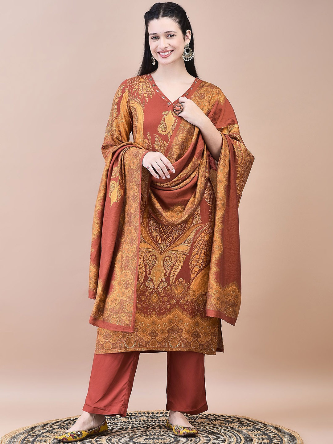 

Shree Paisley Printed V-Neck Regular Liva Kurta With Trouser With Dupatta, Rust