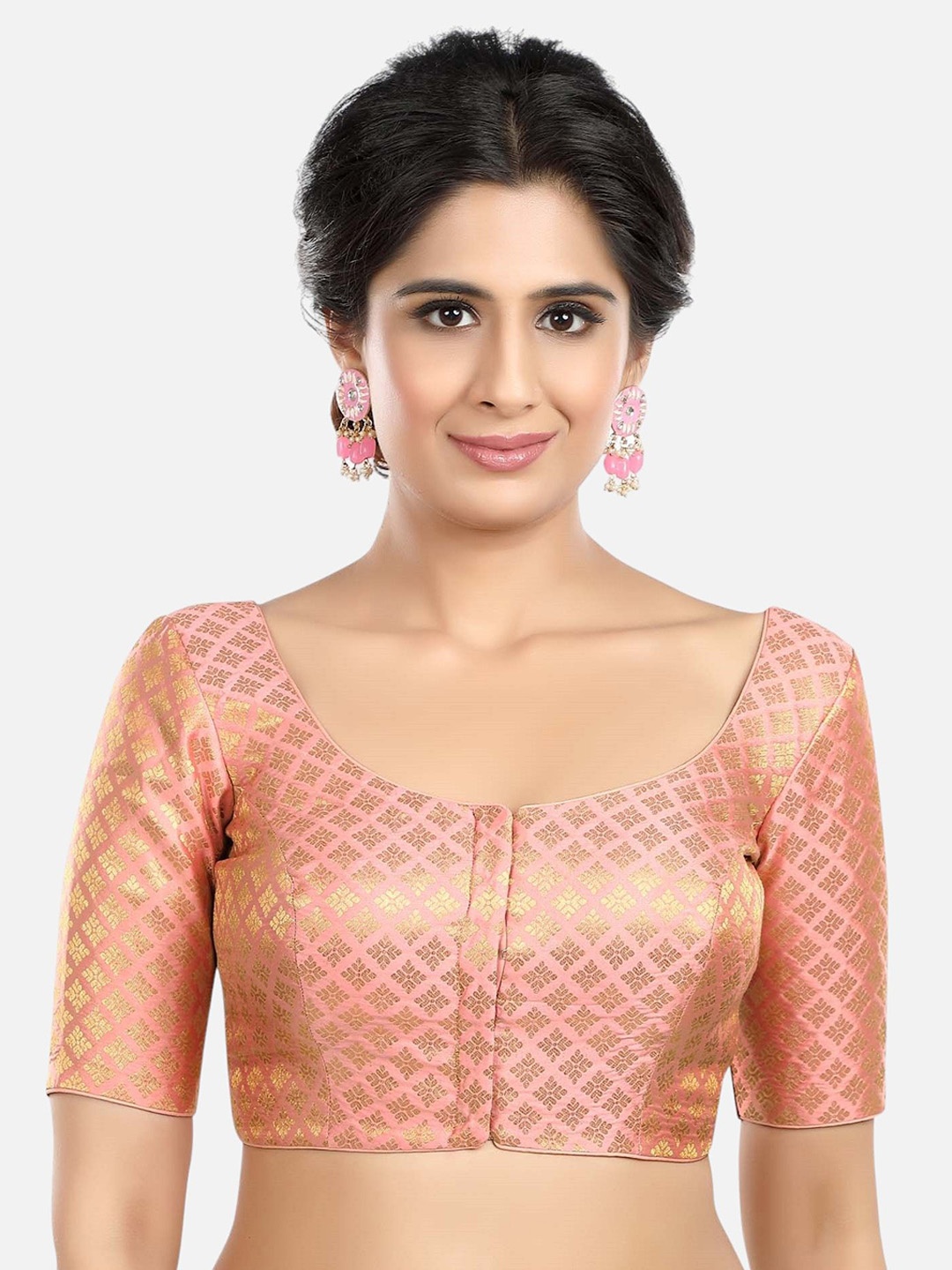 

Biyu Printed Readymade Padded Saree Blouse, Peach