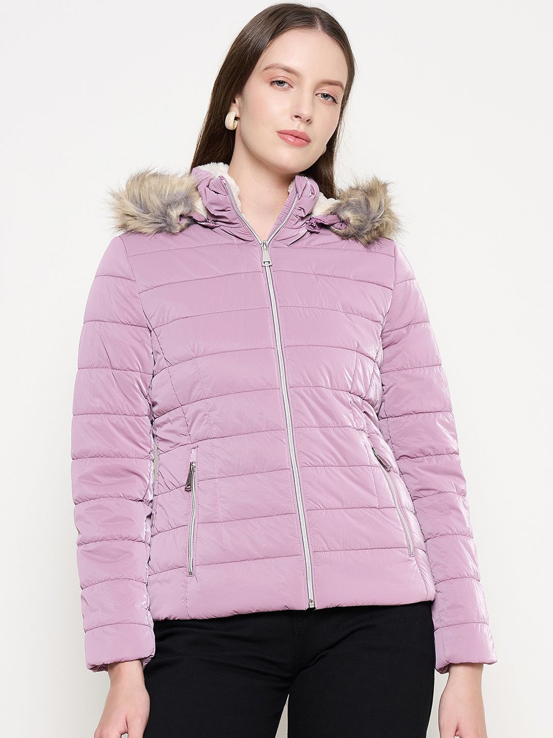 

Madame Women Mock Collar Solid Casual Puffer Jacket, Lavender