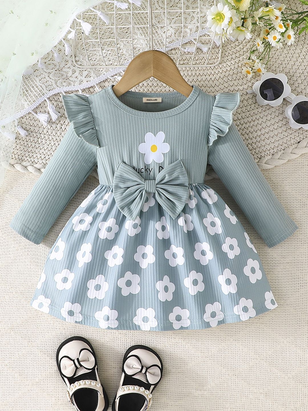 

INCLUD Girls Floral Printed Fit & Flare Dress, Green