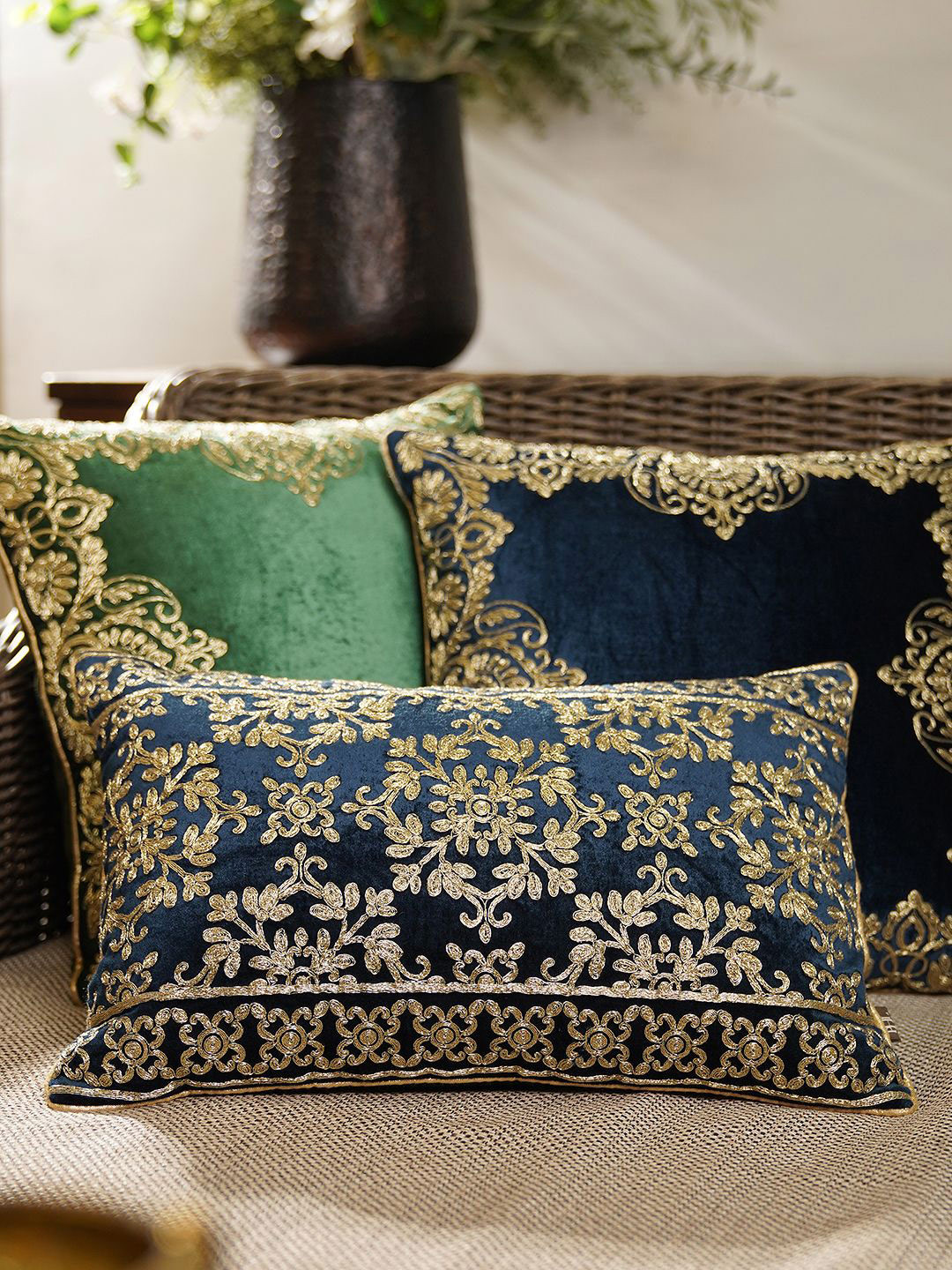 

Pure Home and Living Blue & Gold-Toned Embroidered Velvet Rectangle Cushion Cover