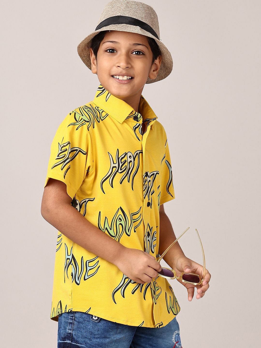 

V-Mart Boys Spread Collar Typography Printed Cotton Casual Shirt, Mustard