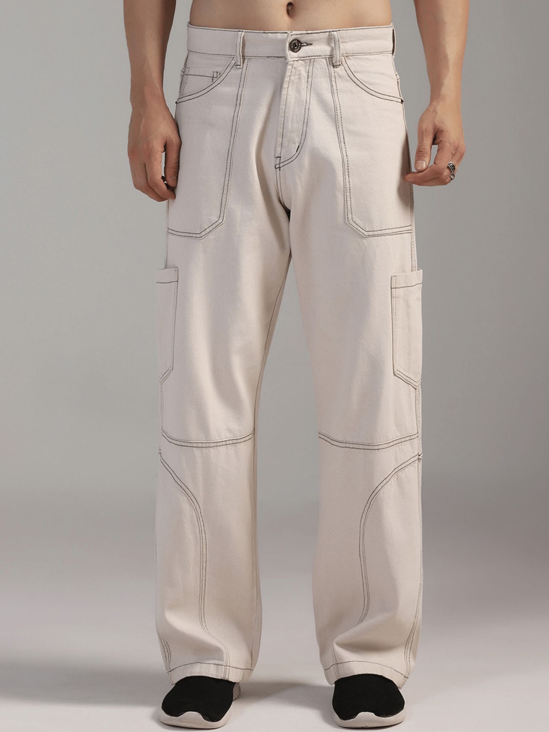 

DI LUSSO Men Cotton Mid-Rise Wide Leg Jeans, Off white